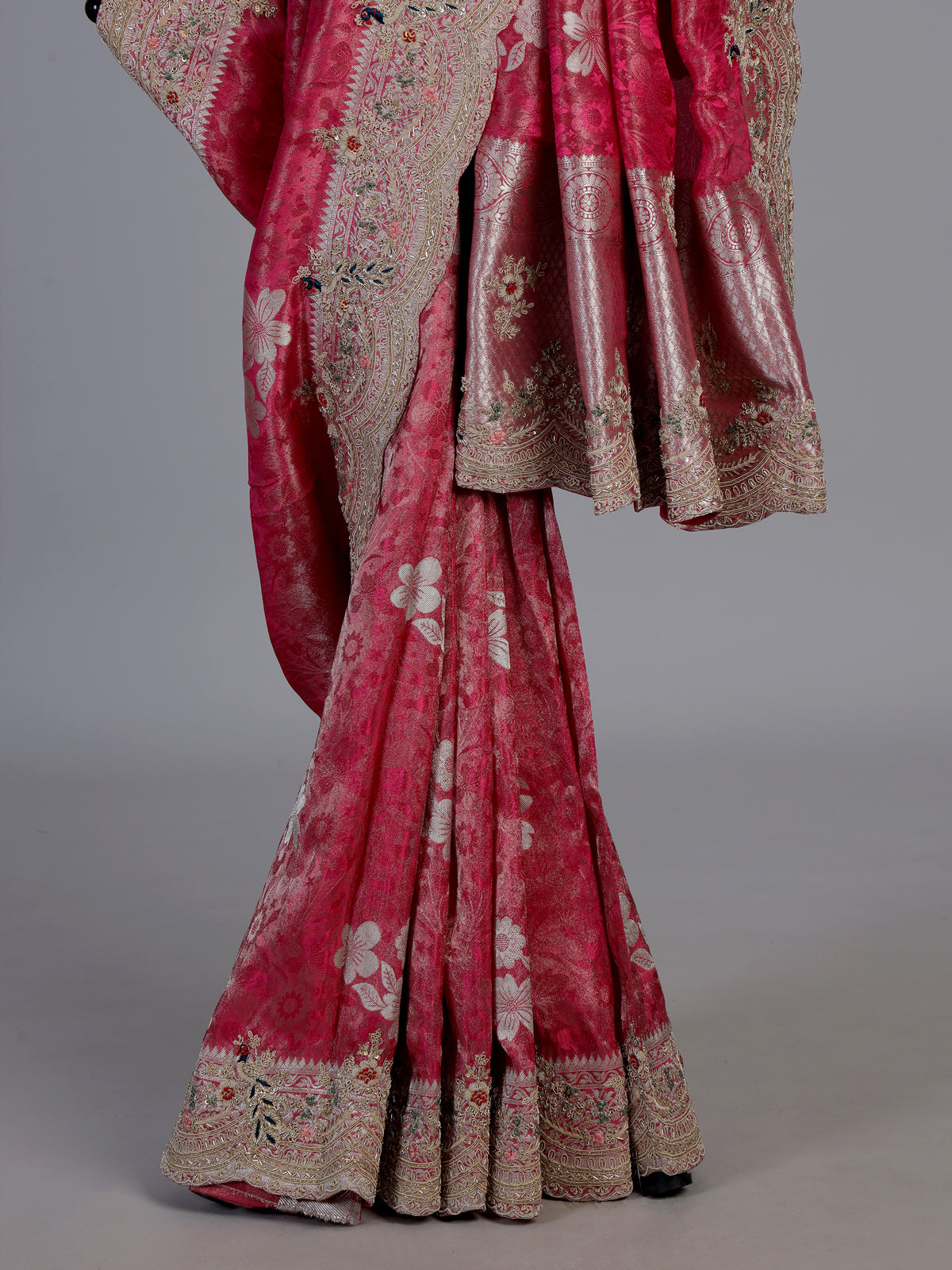 Rani pink tissue silk peacock border saree