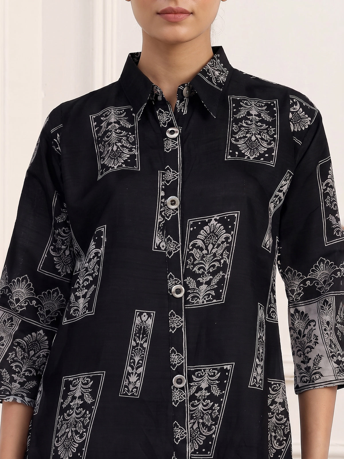 Black silk printed palazzo co ord set with elegant beadwork