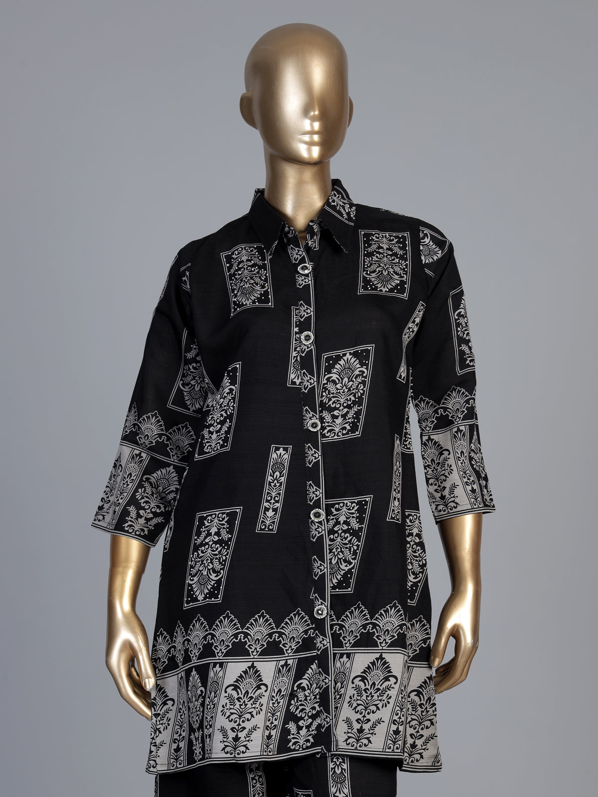 Black silk printed palazzo co ord set with elegant beadwork