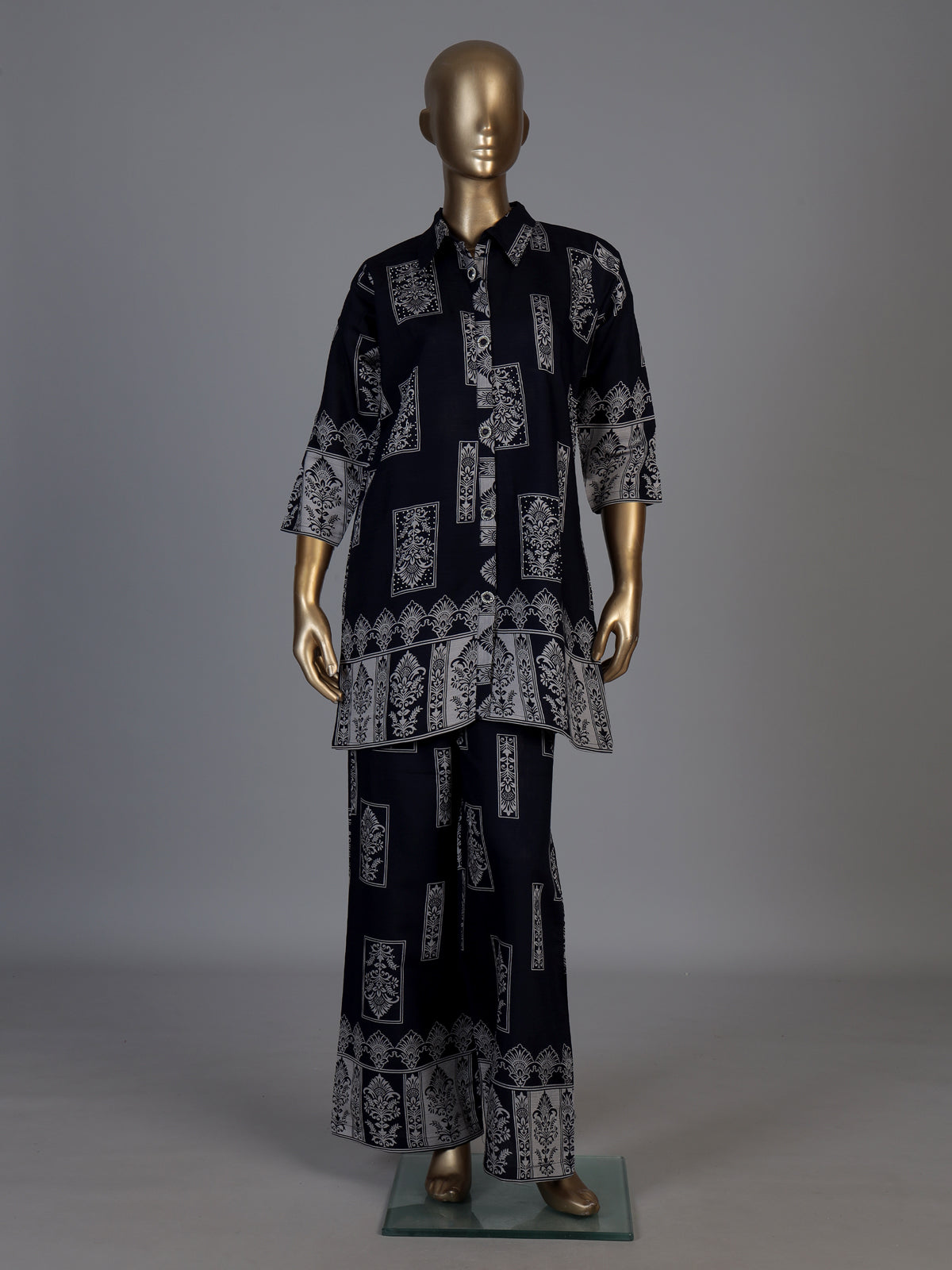 Navy silk printed palazzo co ord set with delicate beadwork