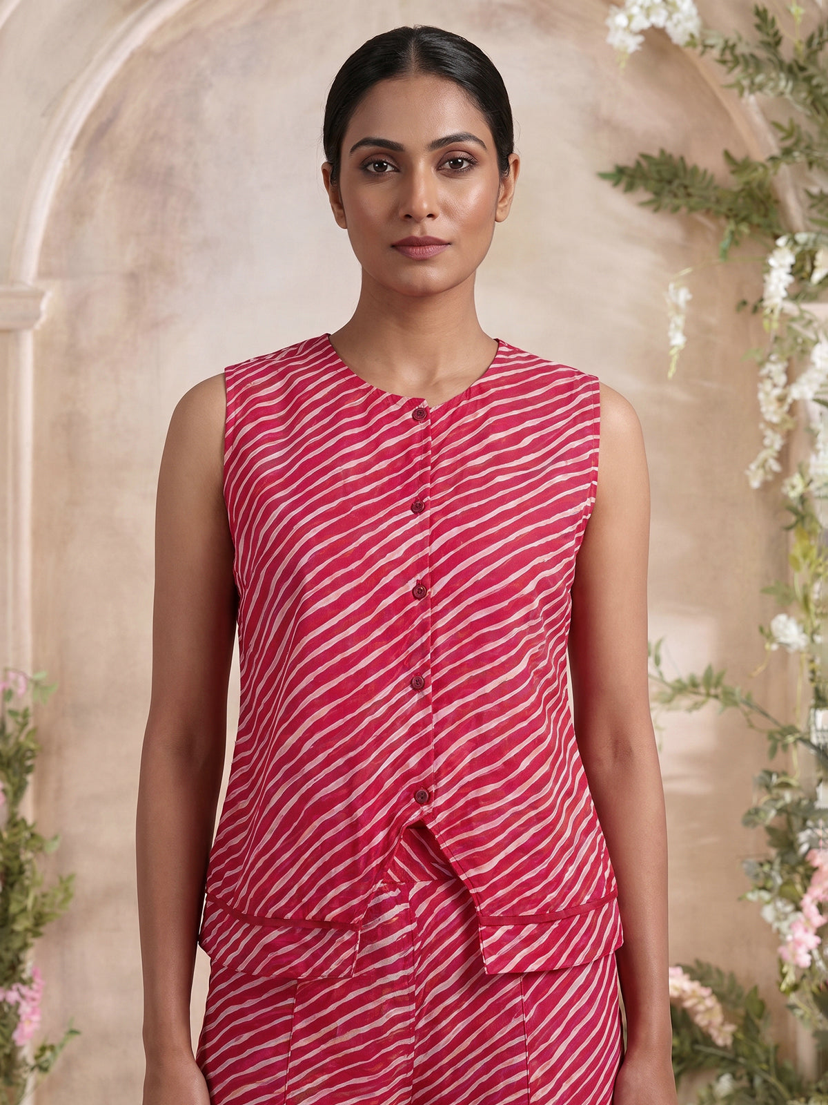 Rani pink crepe silk printed sleeveless palazzo co ord set