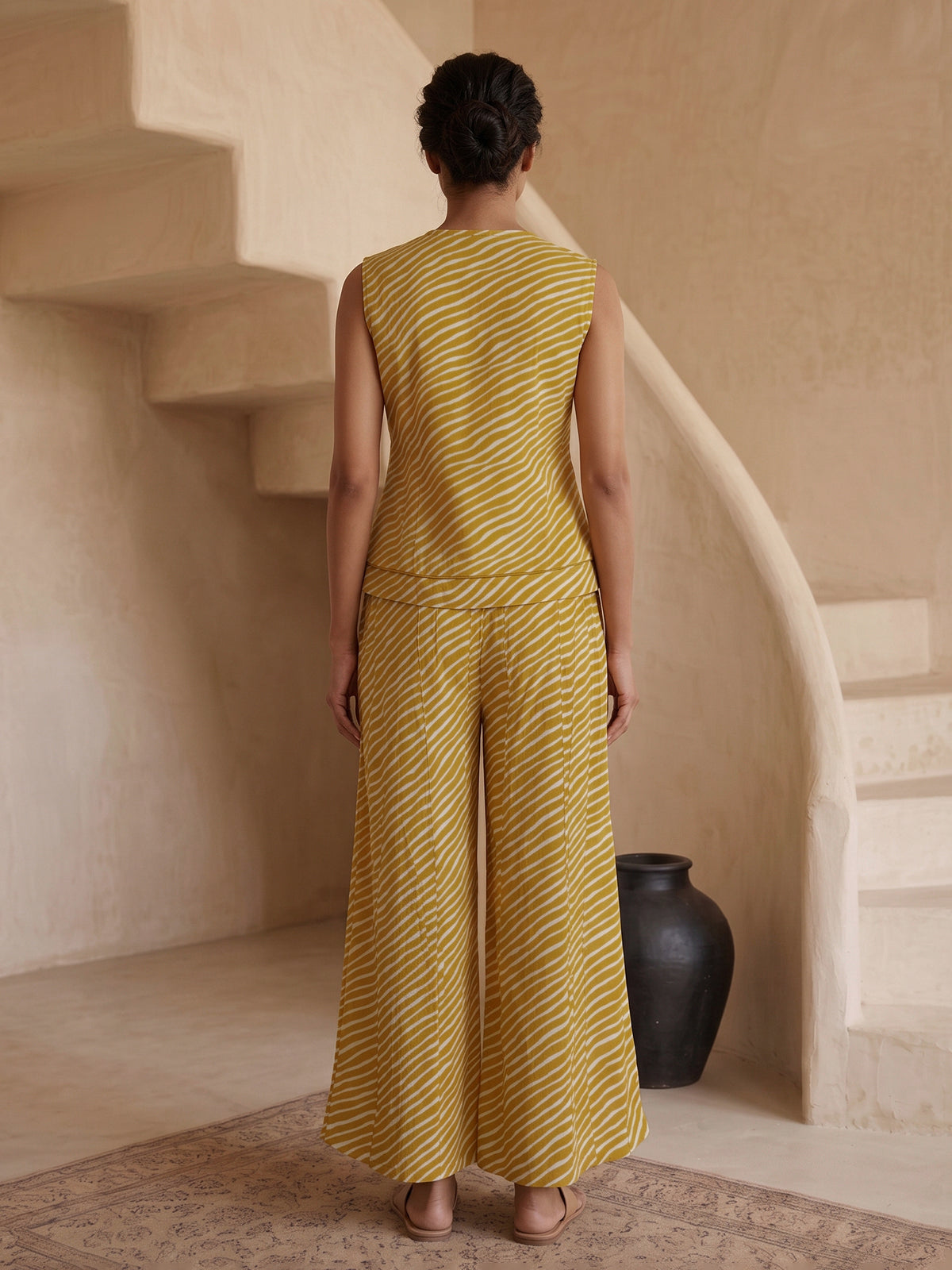 Yellow crepe silk printed sleeveless palazzo co ord set