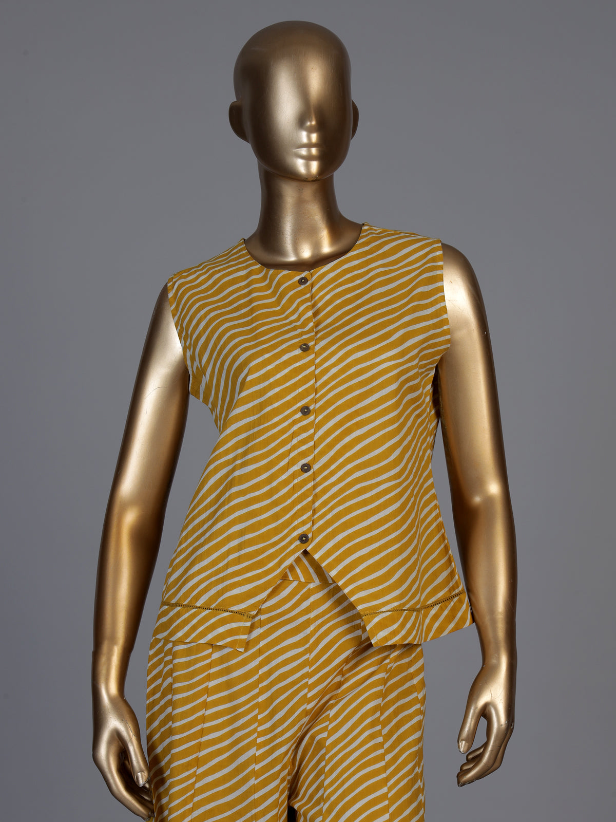 Yellow crepe silk printed sleeveless palazzo co ord set