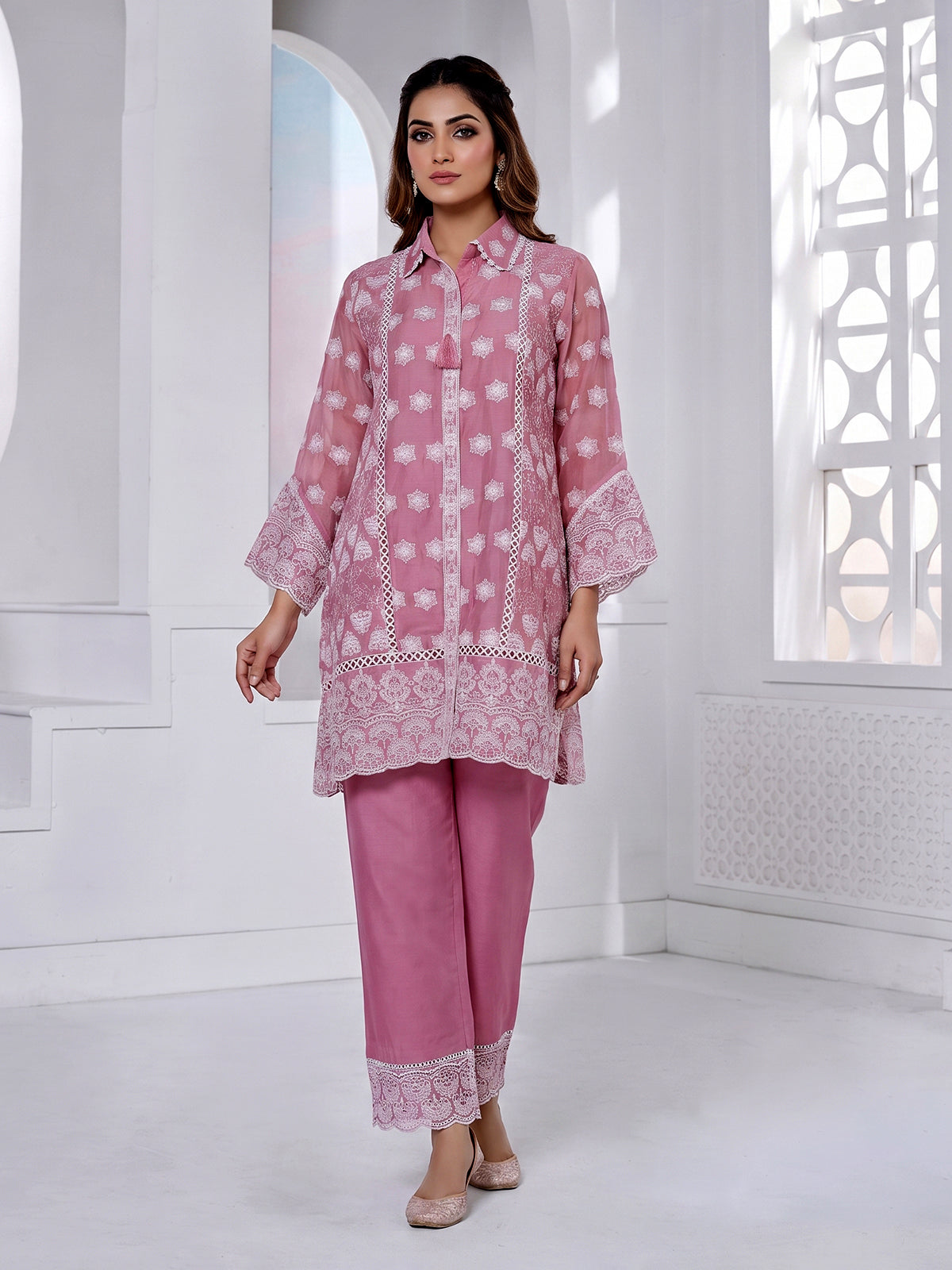 Pink tissue co ord set with delicate Lucknowi work detailing