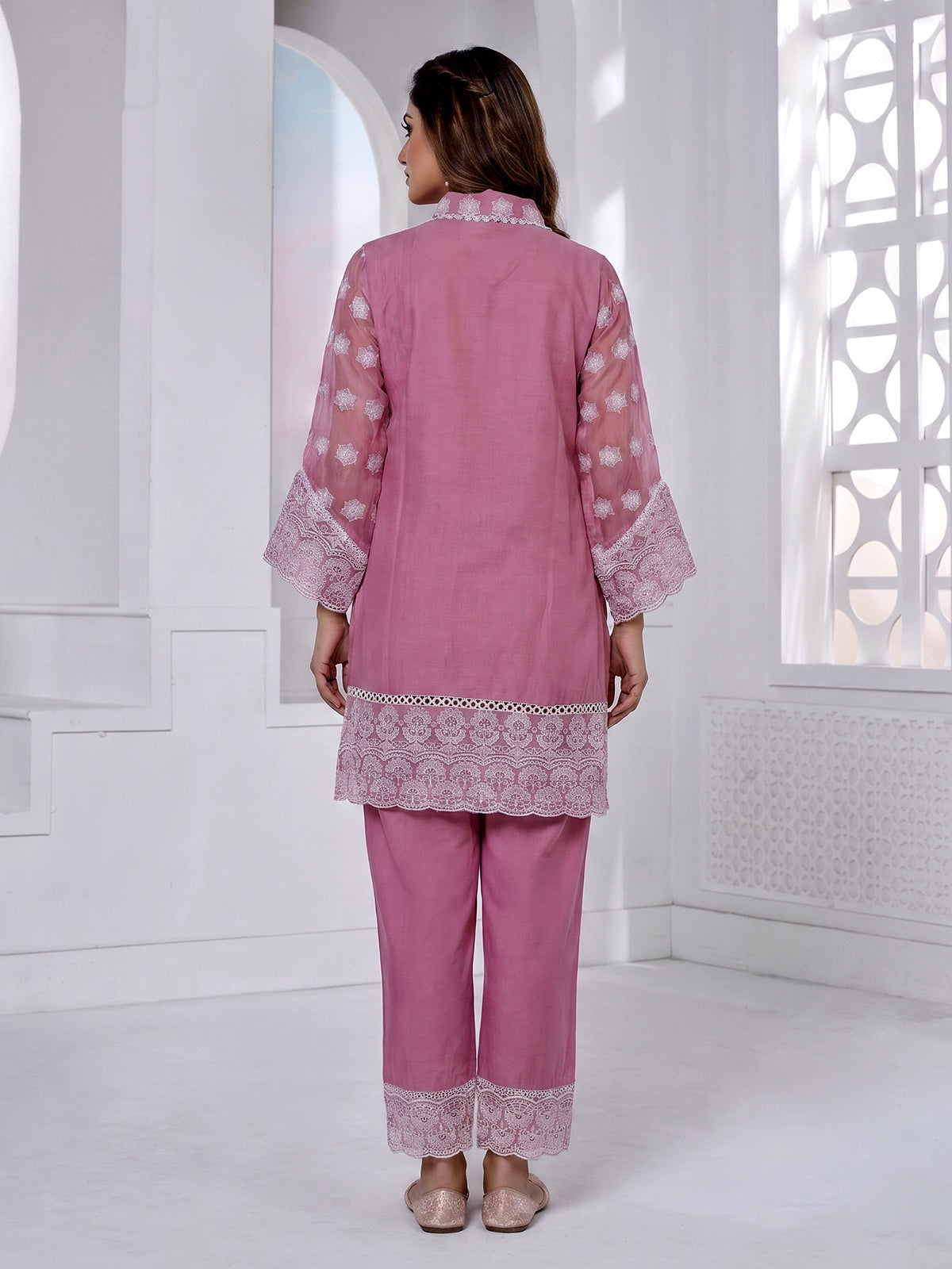 Pink tissue co ord set with delicate Lucknowi work detailing