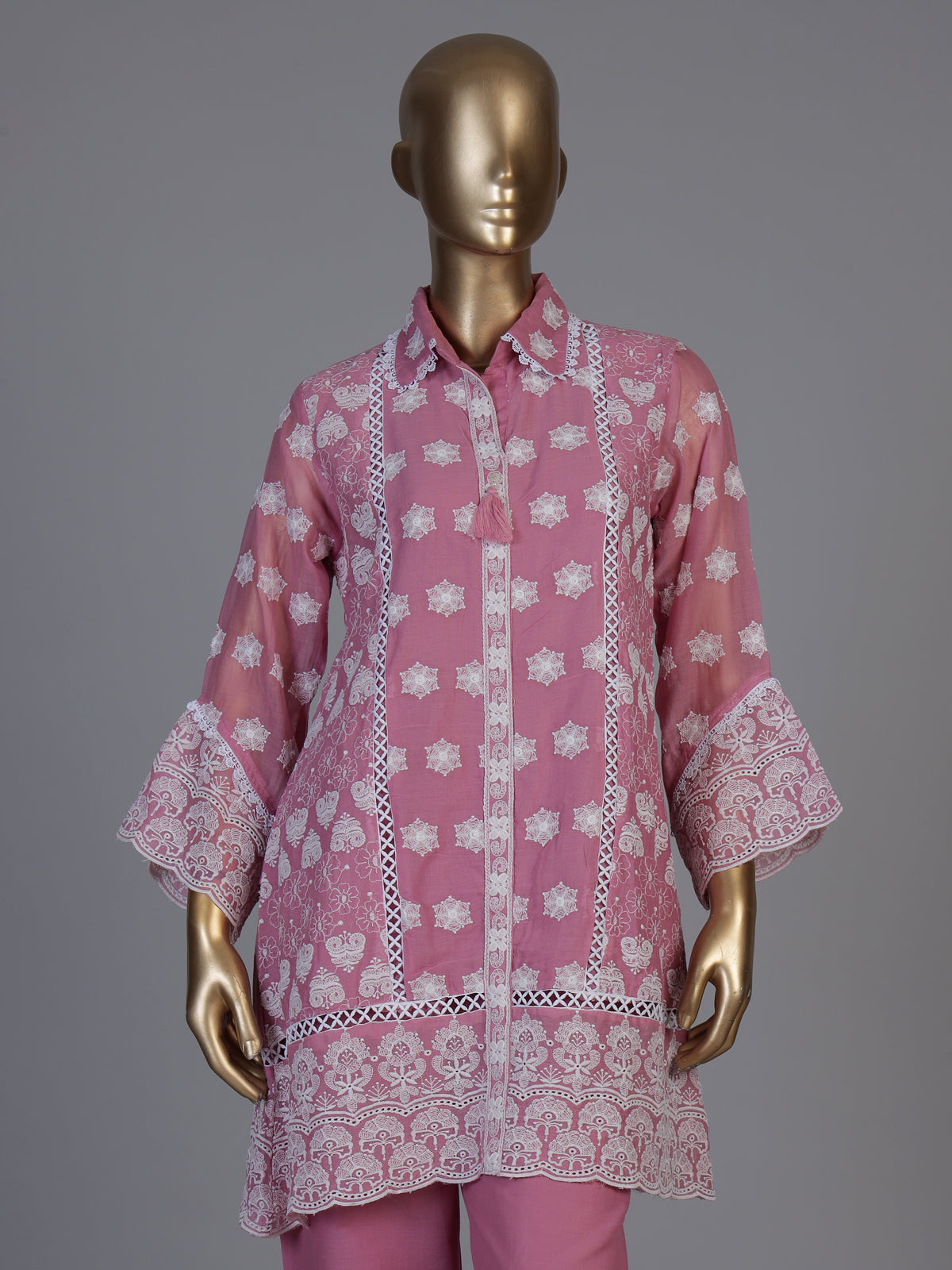 Pink tissue co ord set with delicate Lucknowi work detailing