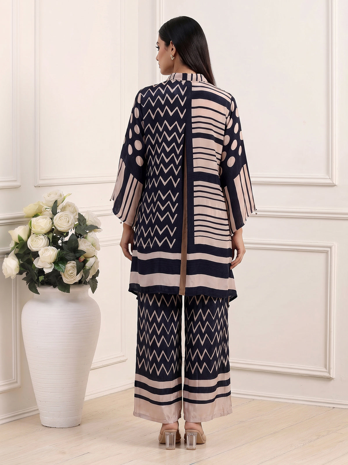 Black crepe silk printed palazzo co ord set with thread work