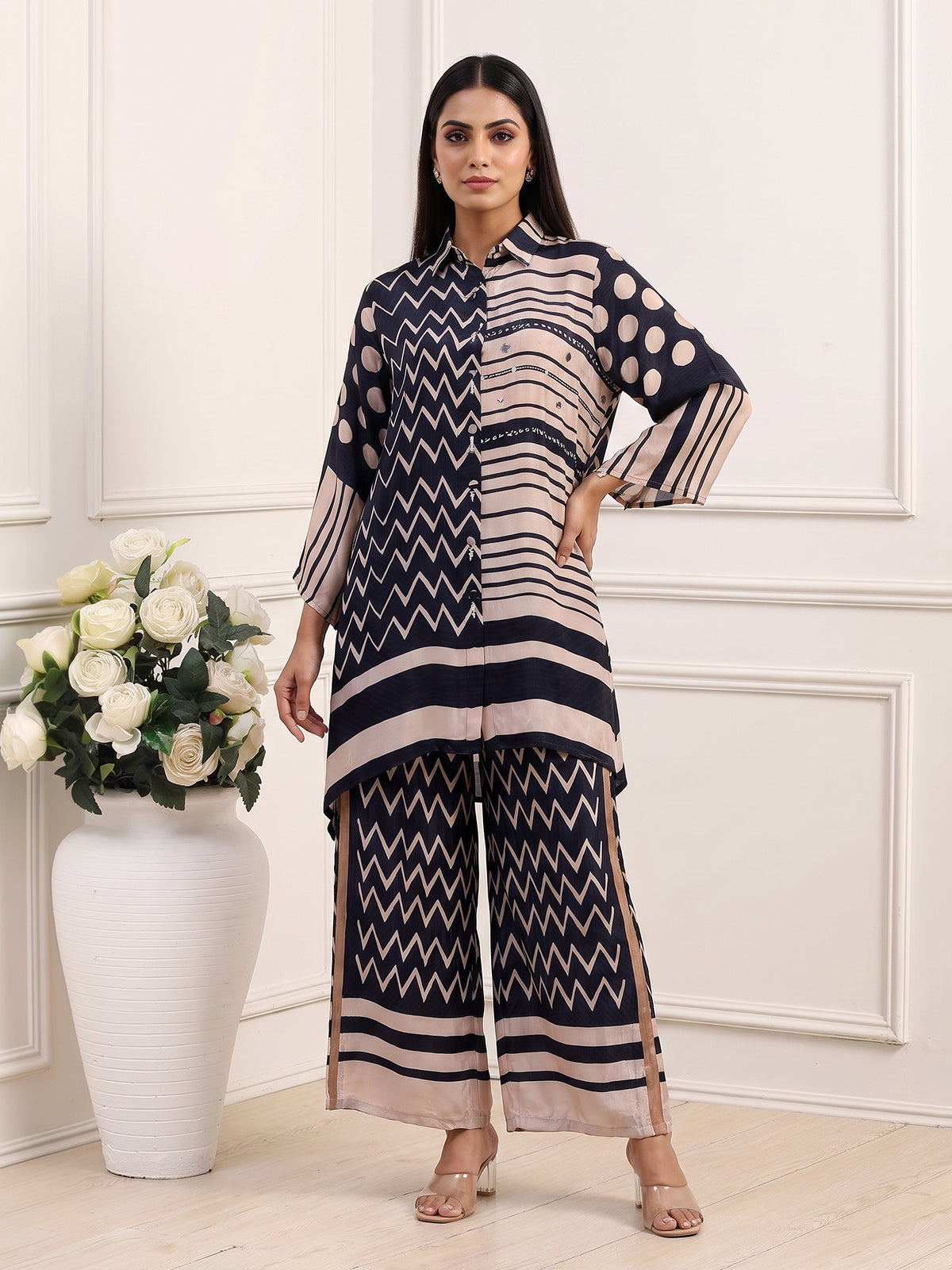 Black crepe silk printed palazzo co ord set with thread work