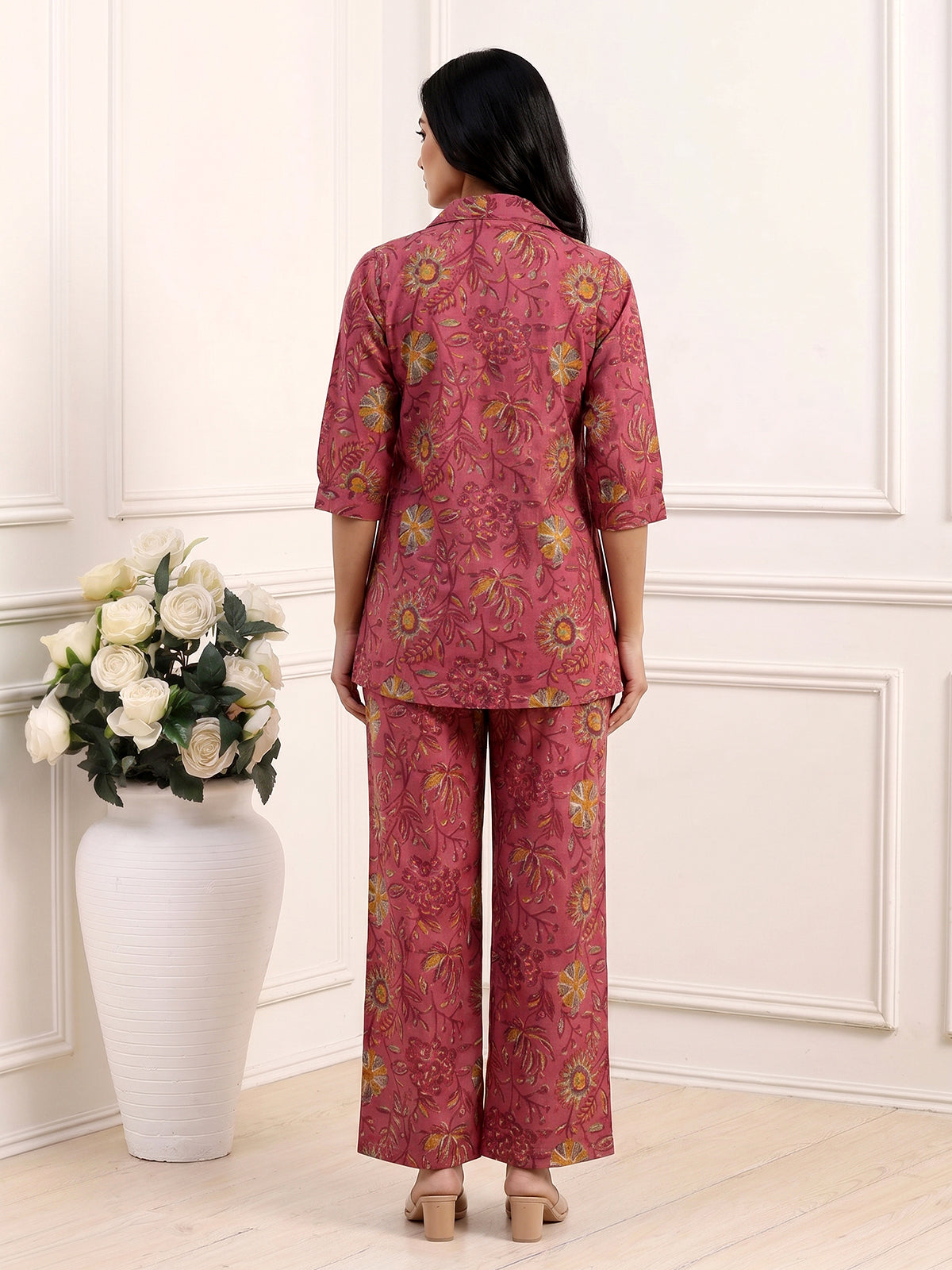 Wine cotton printed palazzo co ord set with coin bead detailing