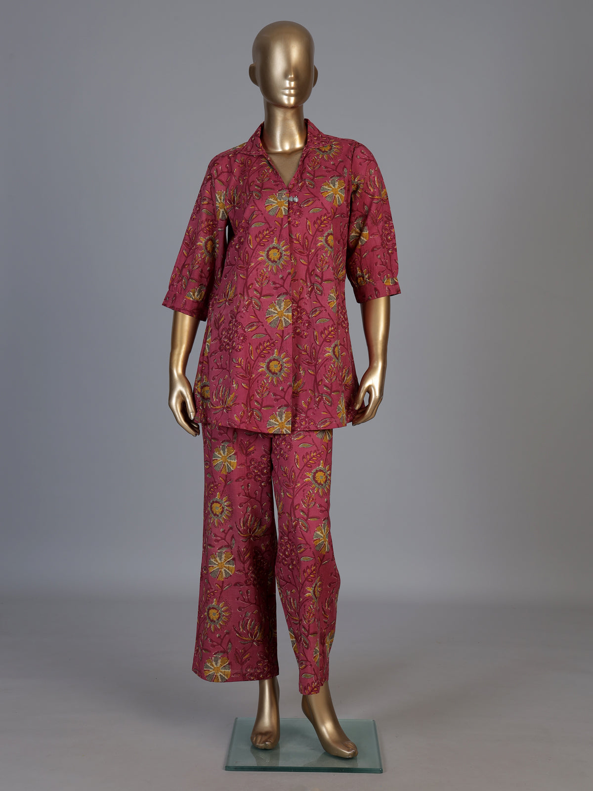 Wine cotton printed palazzo co ord set with coin bead detailing