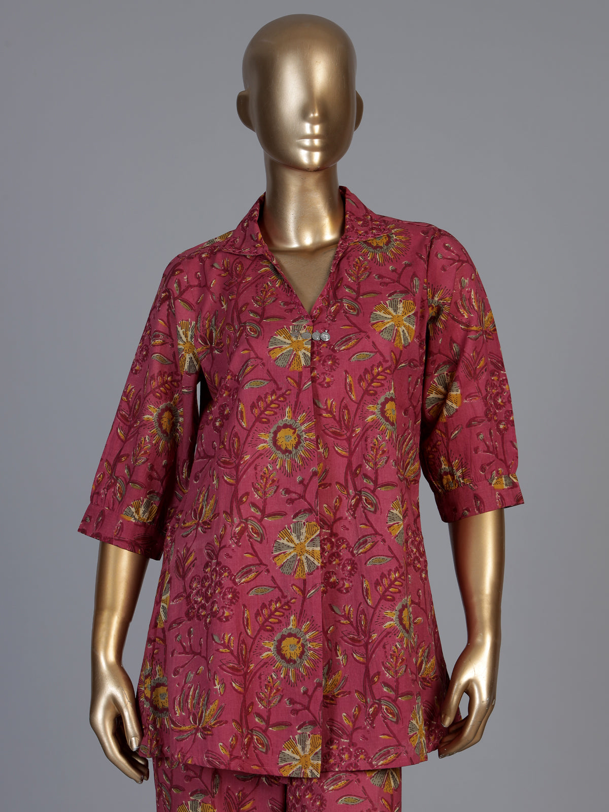 Wine cotton printed palazzo co ord set with coin bead detailing