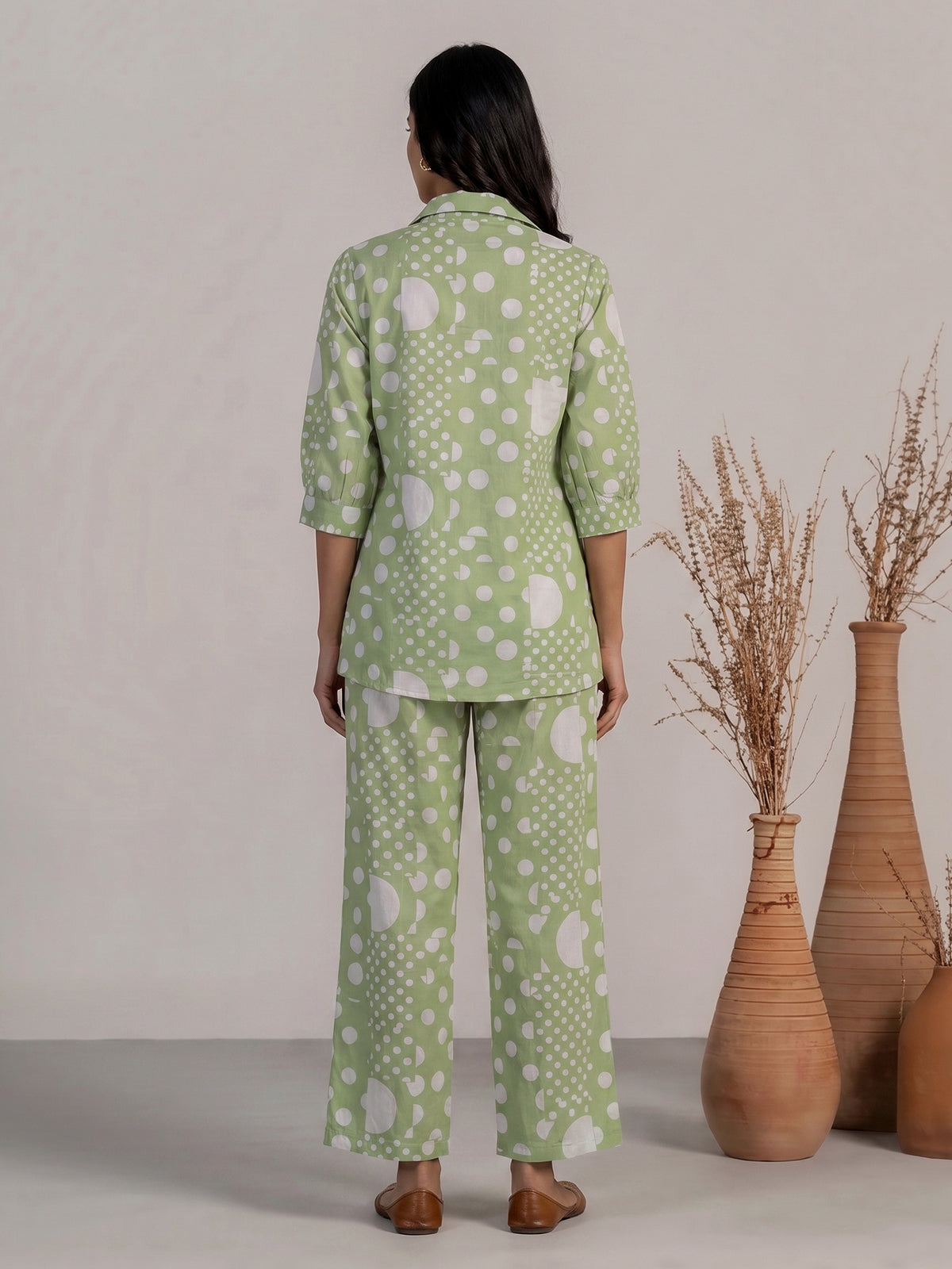 Pista green cotton printed palazzo co ord set with beadwork