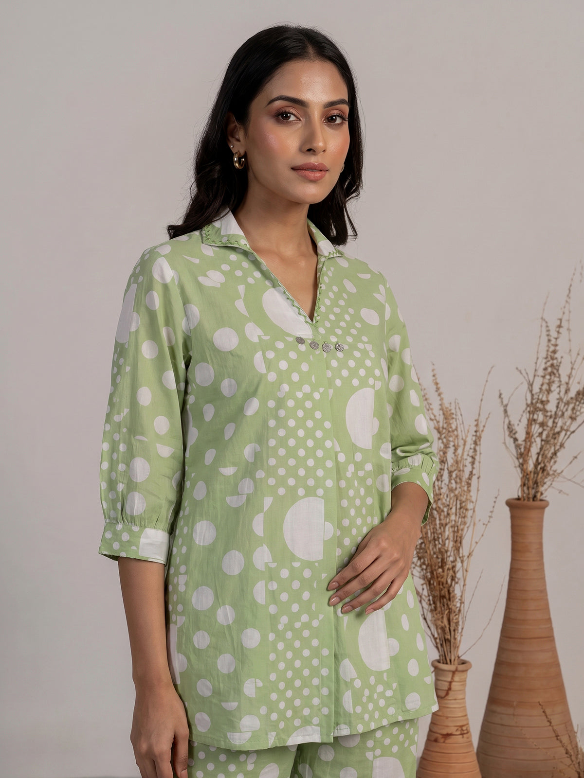 Pista green cotton printed palazzo co ord set with beadwork