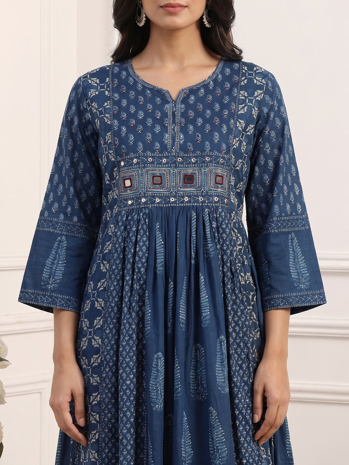 Blue cotton mirror work palazzo kurti set with dupatta