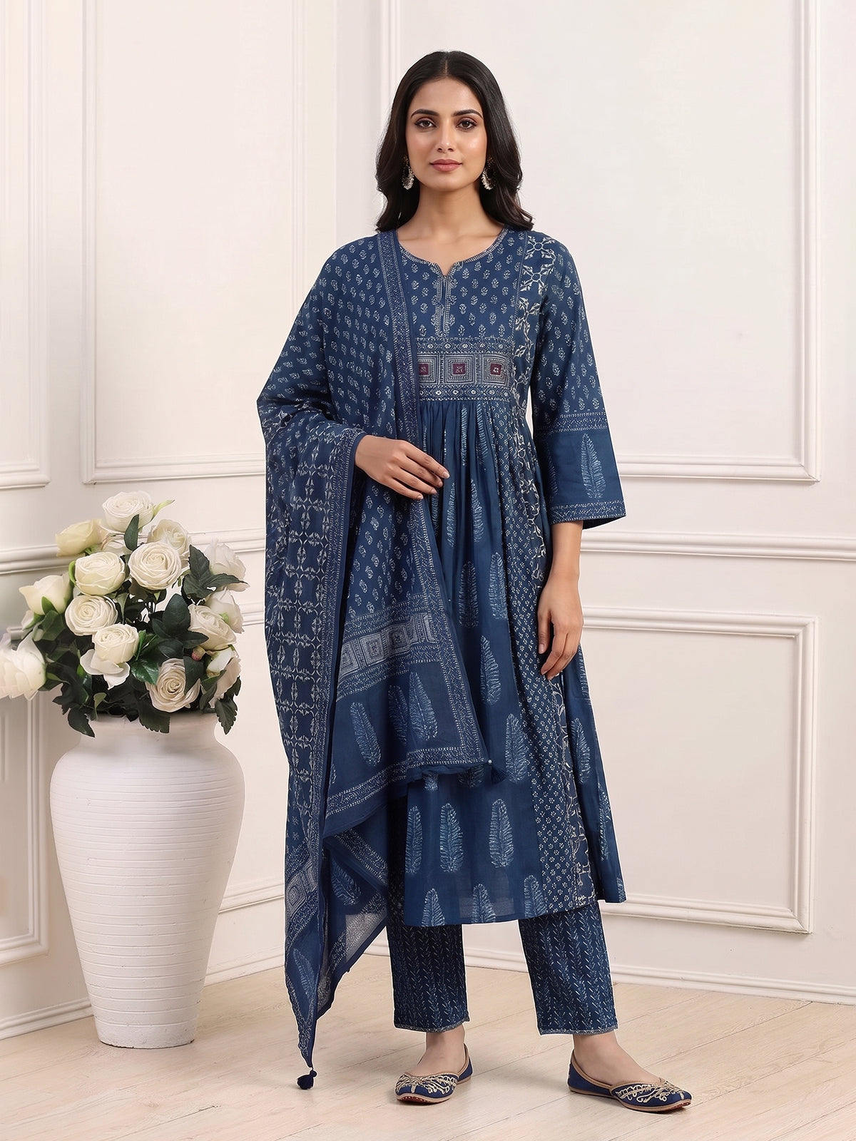 Blue cotton mirror work palazzo kurti set with dupatta
