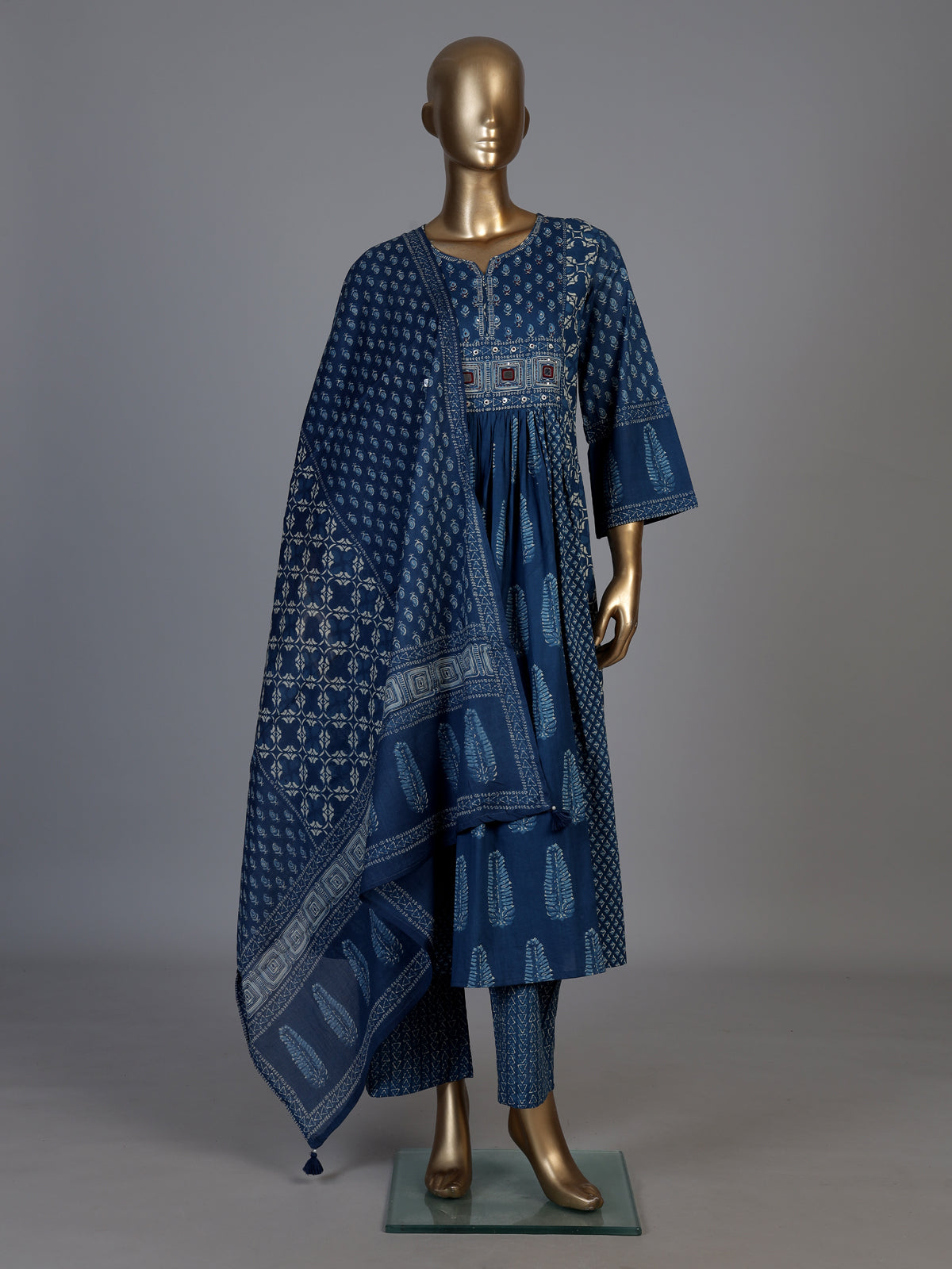 Blue cotton mirror work palazzo kurti set with dupatta