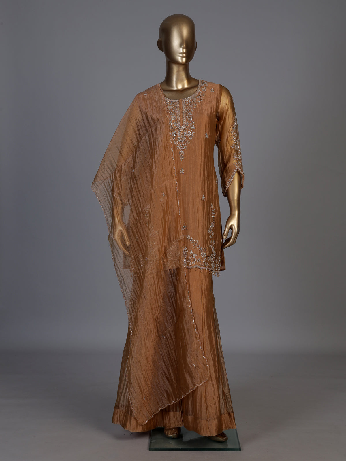 Pastel peach tissue silk embellished palazzo kurti set with dupatta