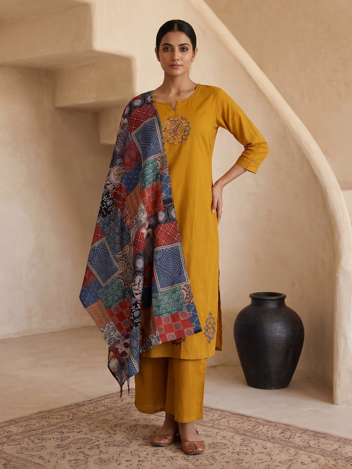 Mustard yellow cotton silk sequined palazzo kurti set with dupatta