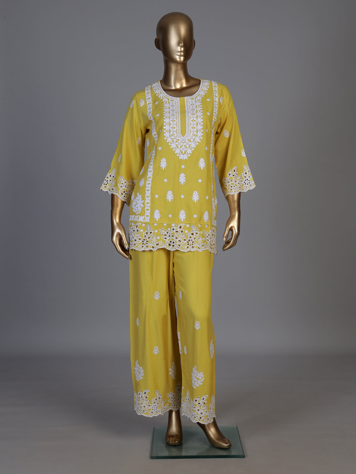 Mustard yellow silk lucknowi work palazzo kurti set for women