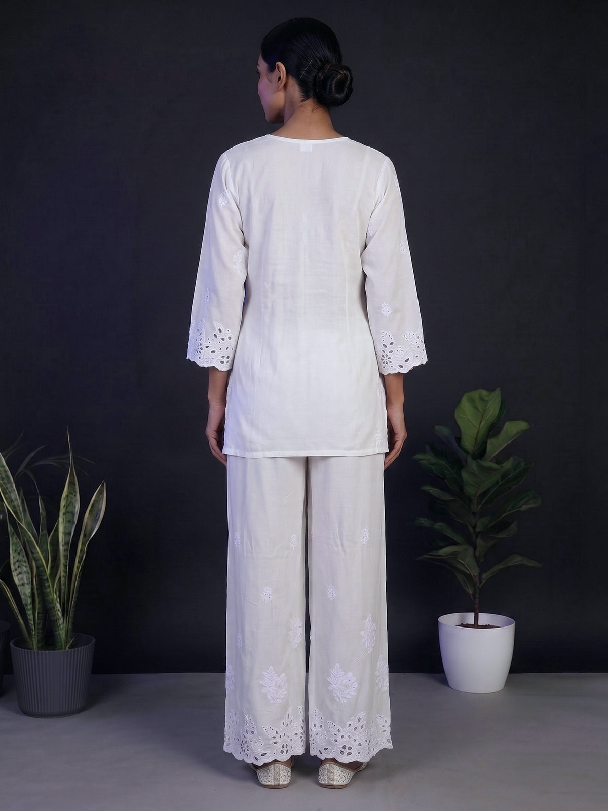 White silk lucknowi work palazzo kurti set for women