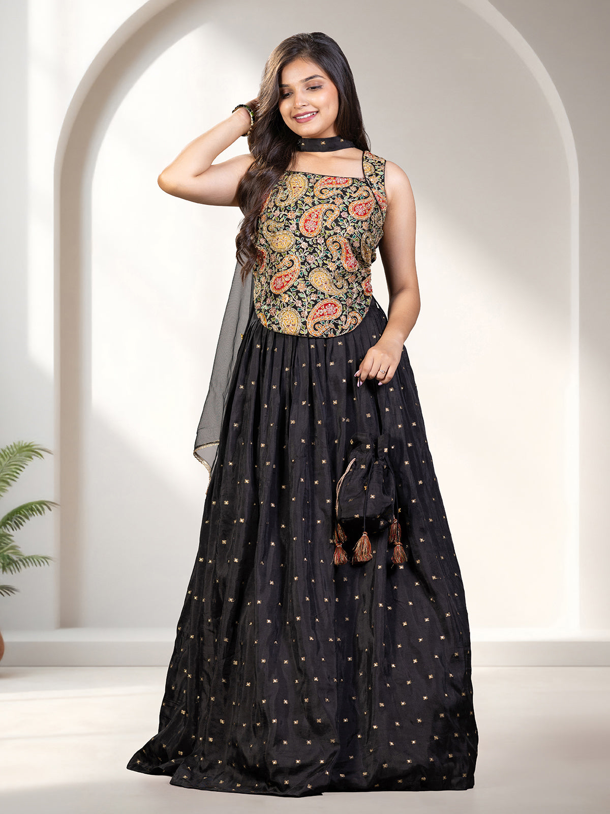 Black printed silk festive lehenga choli for girls