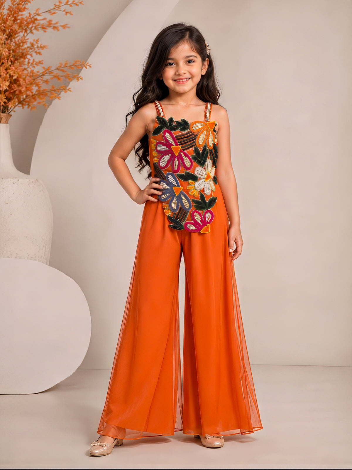 Orange georgette chiffon festive girls palazzo suit