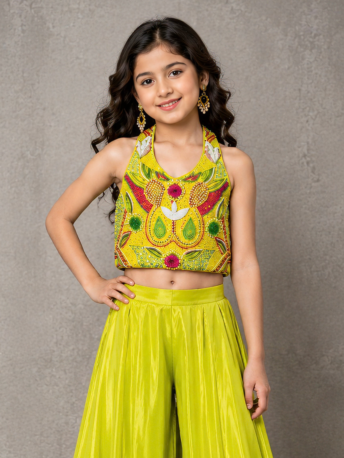 Lime green crepe satin silk halter girls palazzo suit