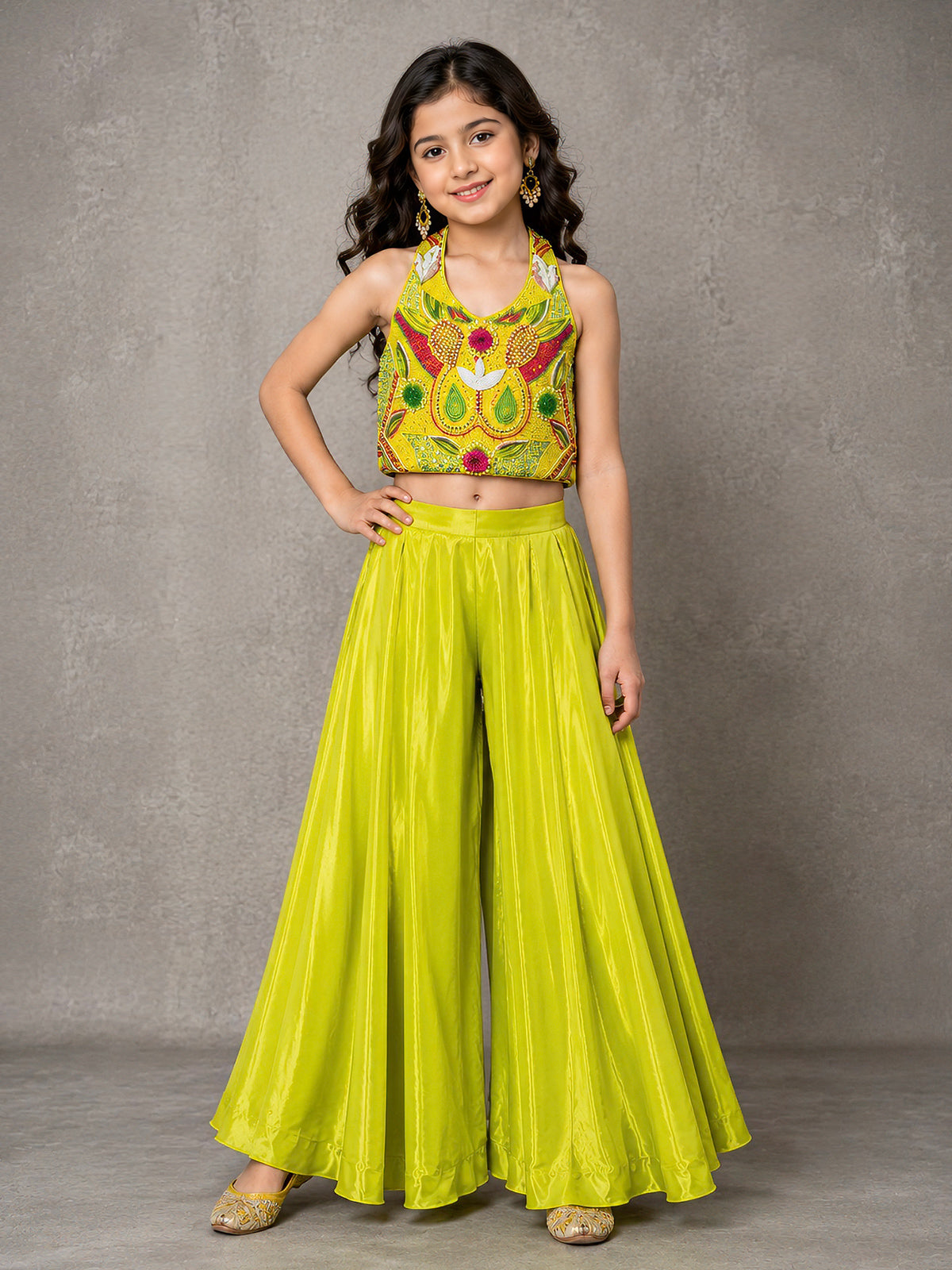 Lime green crepe satin silk halter girls palazzo suit