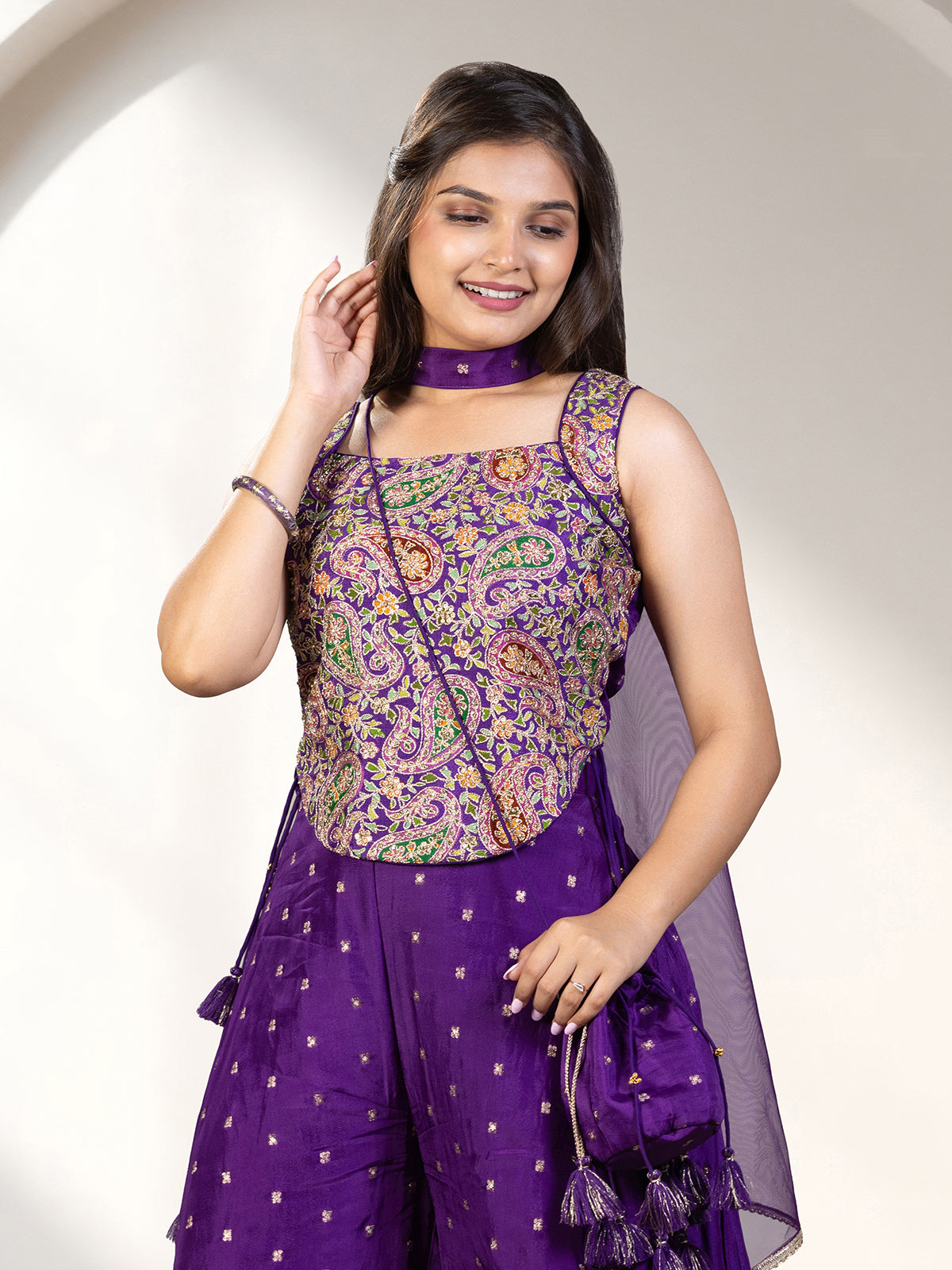 Purple printed silk girls palazzo suit with choker dupatta