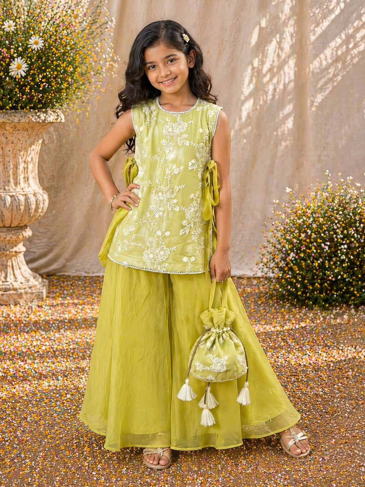 Green georgette silk embroidered girls palazzo suit