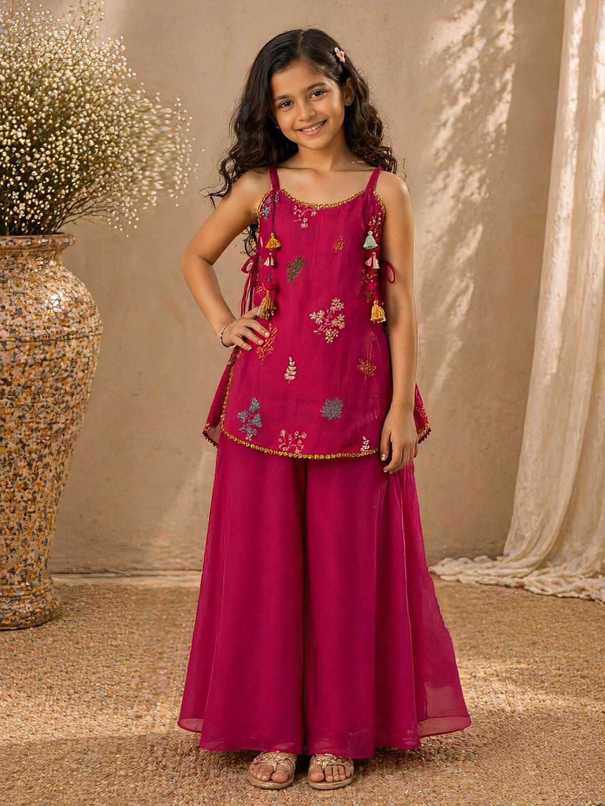 Magenta pink georgette silk embellished girls palazzo suit