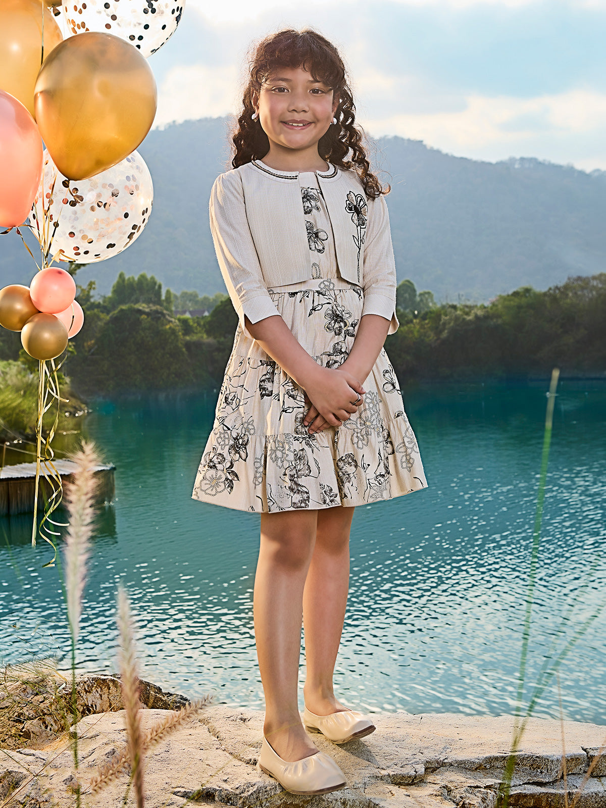 Off white printed cotton silk jacket style girls dress