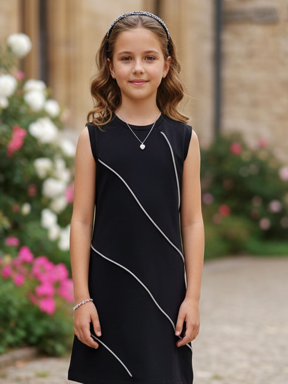 Black stretch crepe geometric a-line girls dress