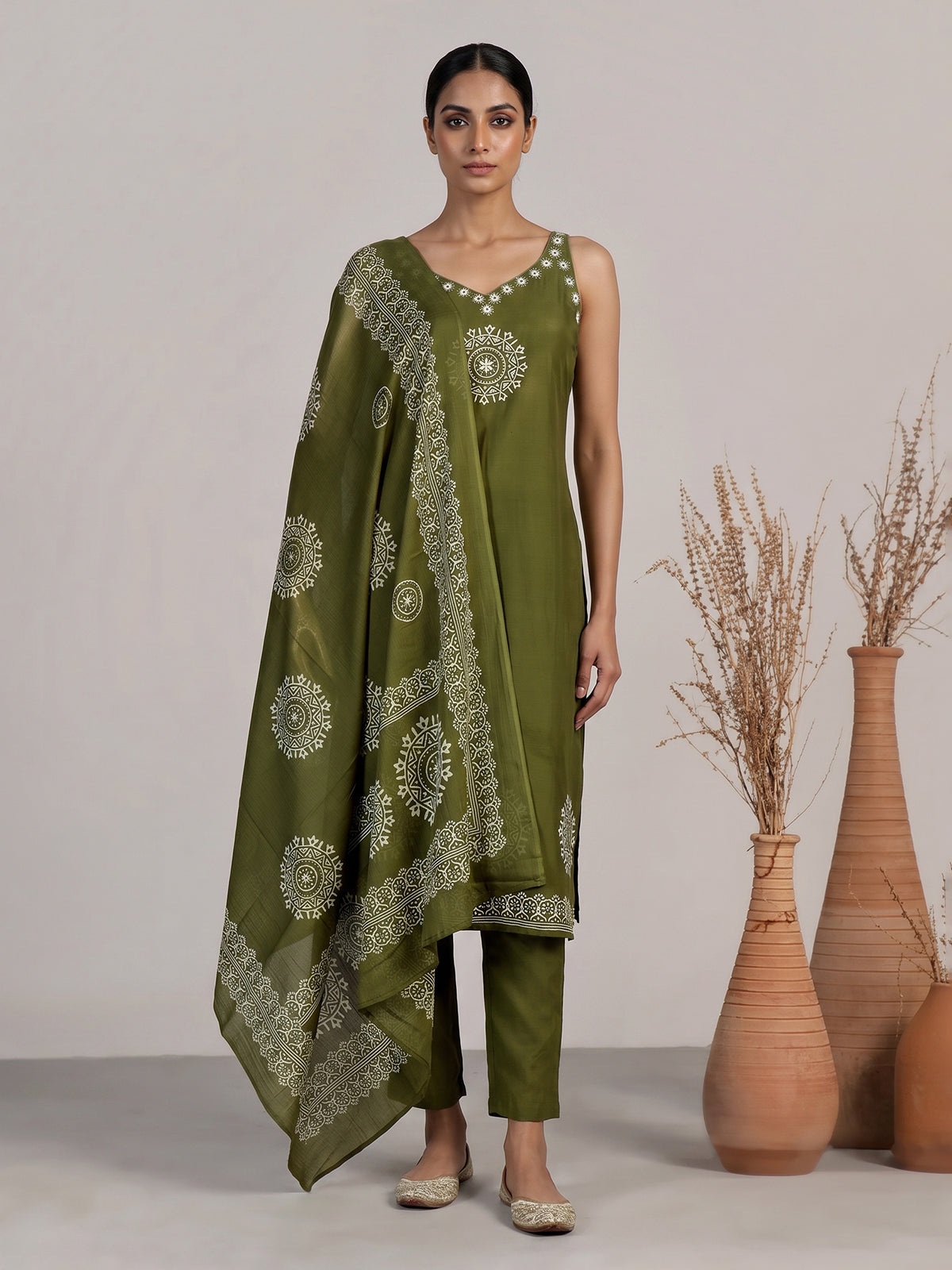 Mehendi green cotton silk kurti set with printed dupatta