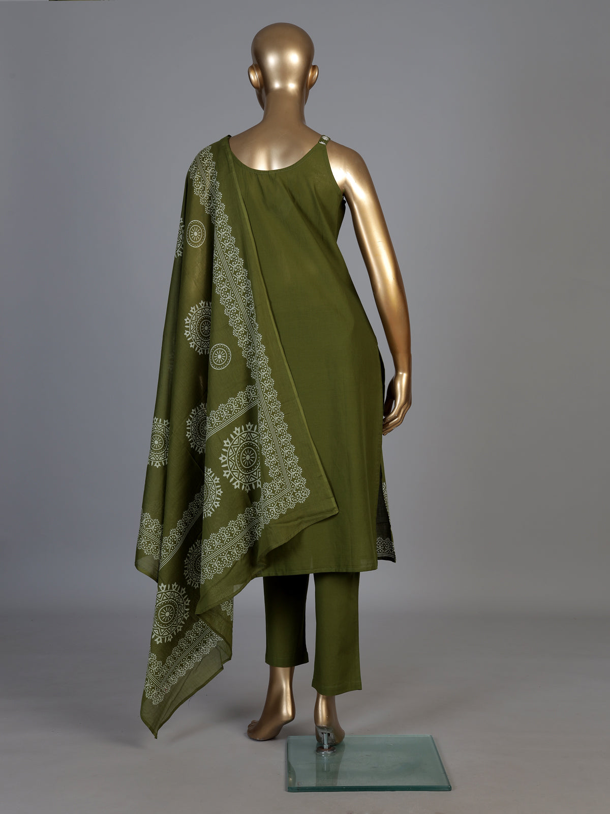 Mehendi green cotton silk kurti set with printed dupatta