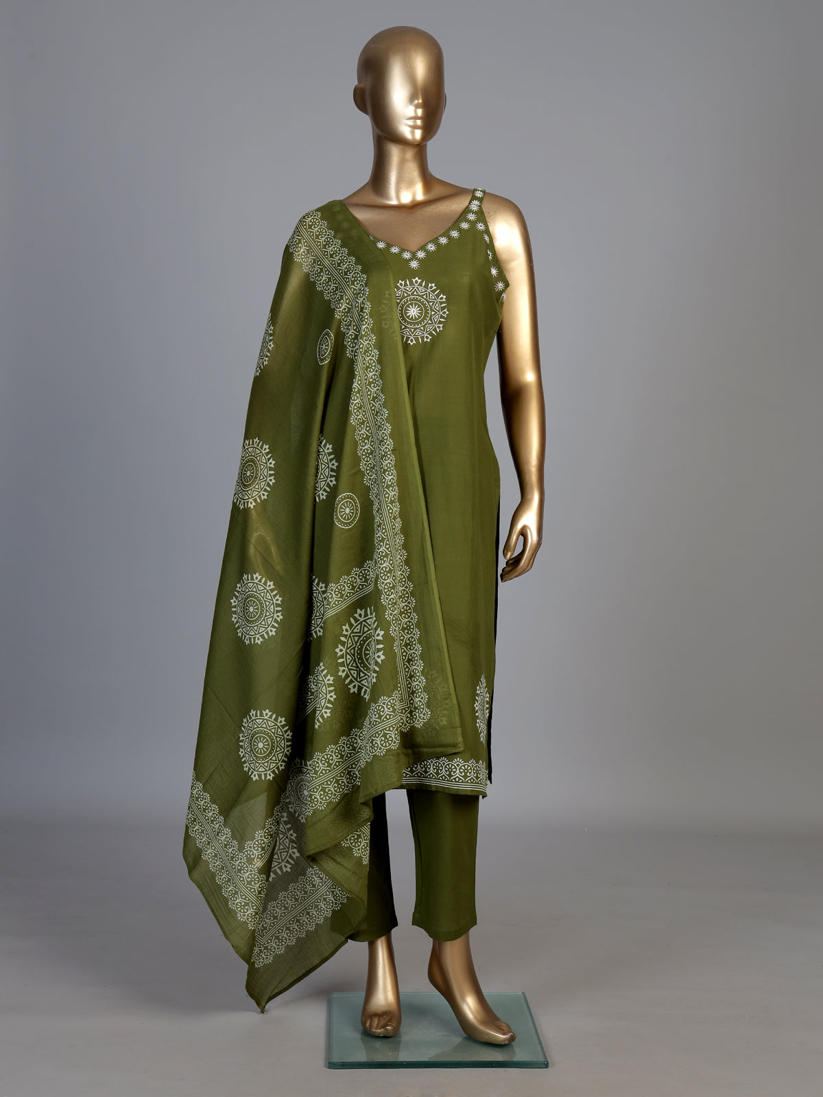 Mehendi green cotton silk kurti set with printed dupatta