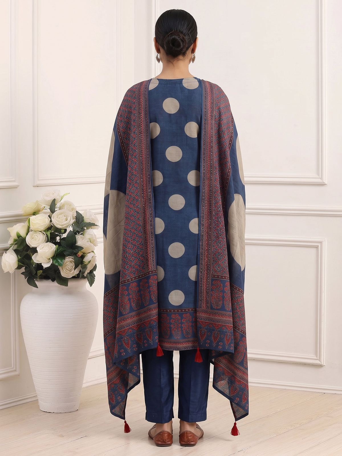 Blue silk festive kurti set with embellished printed dupatta