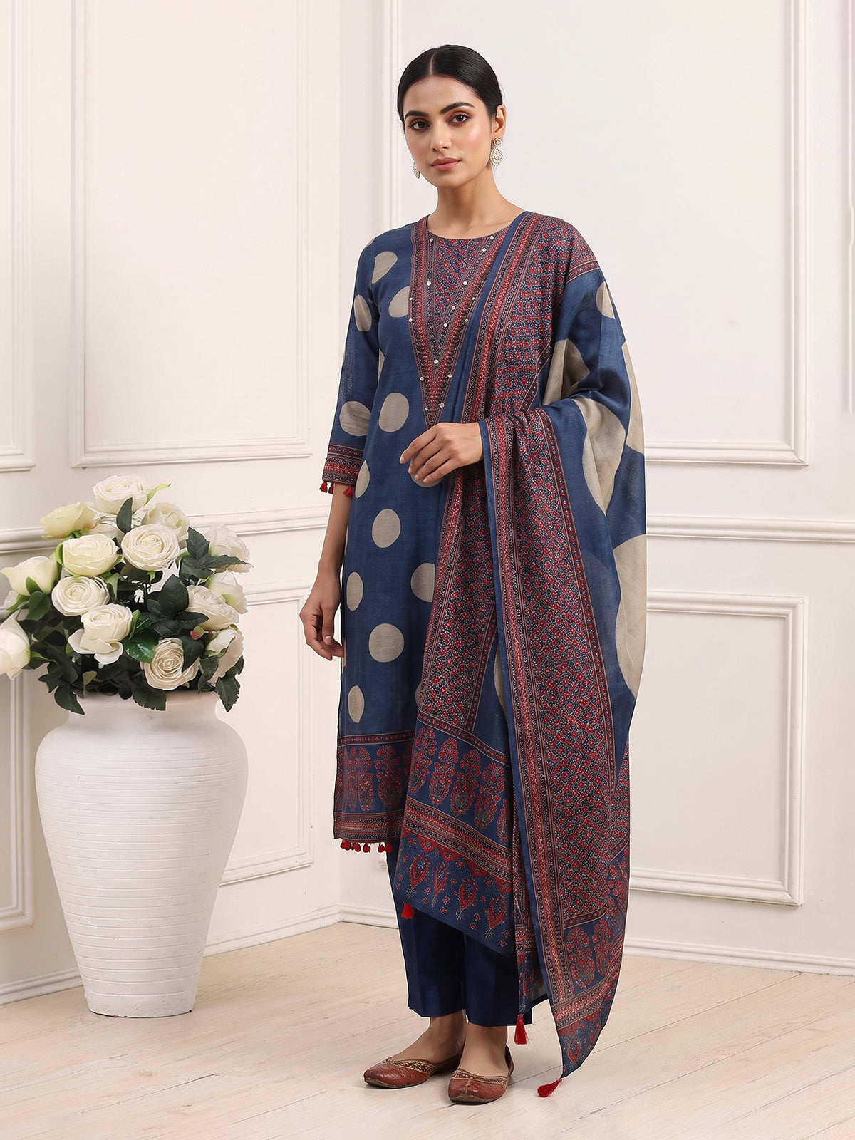Blue silk festive kurti set with embellished printed dupatta