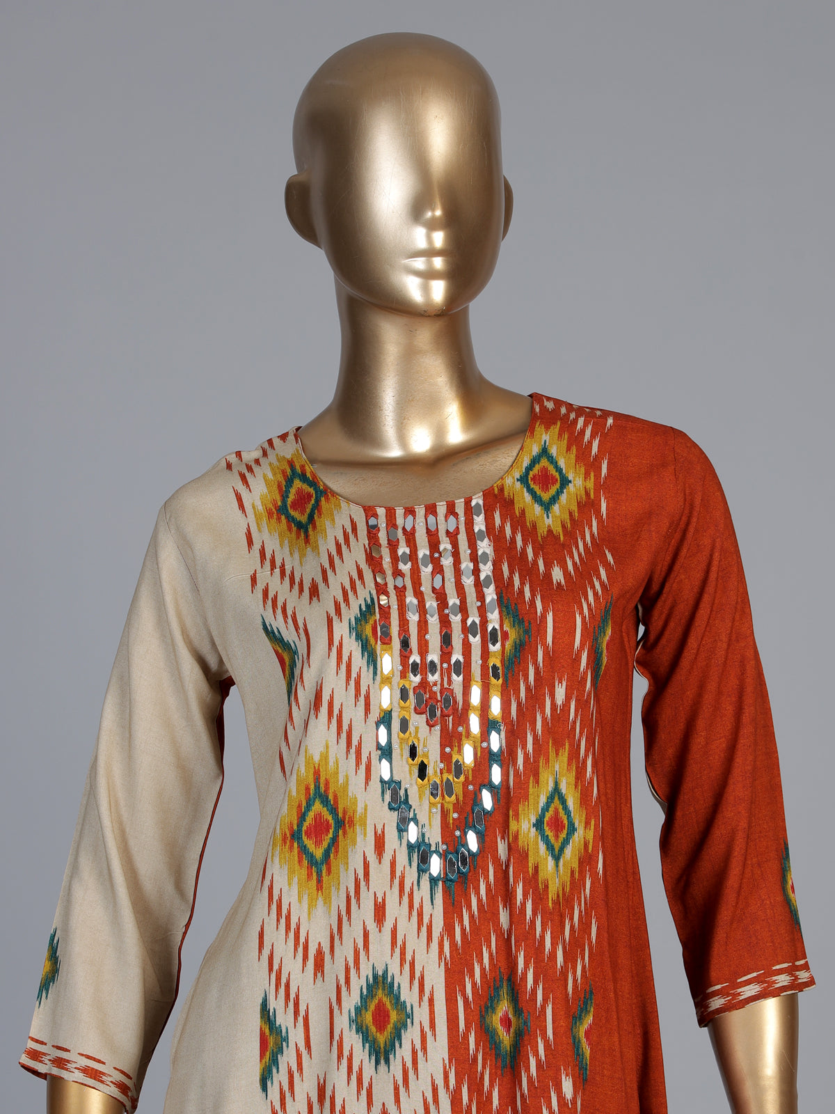 Rust orange silk printed palazzo set with pearl and aabla detailing
