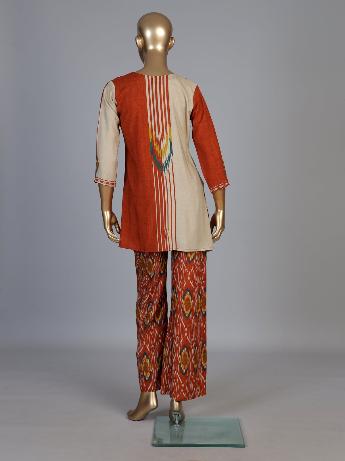 Rust orange silk printed palazzo set with pearl and aabla detailing