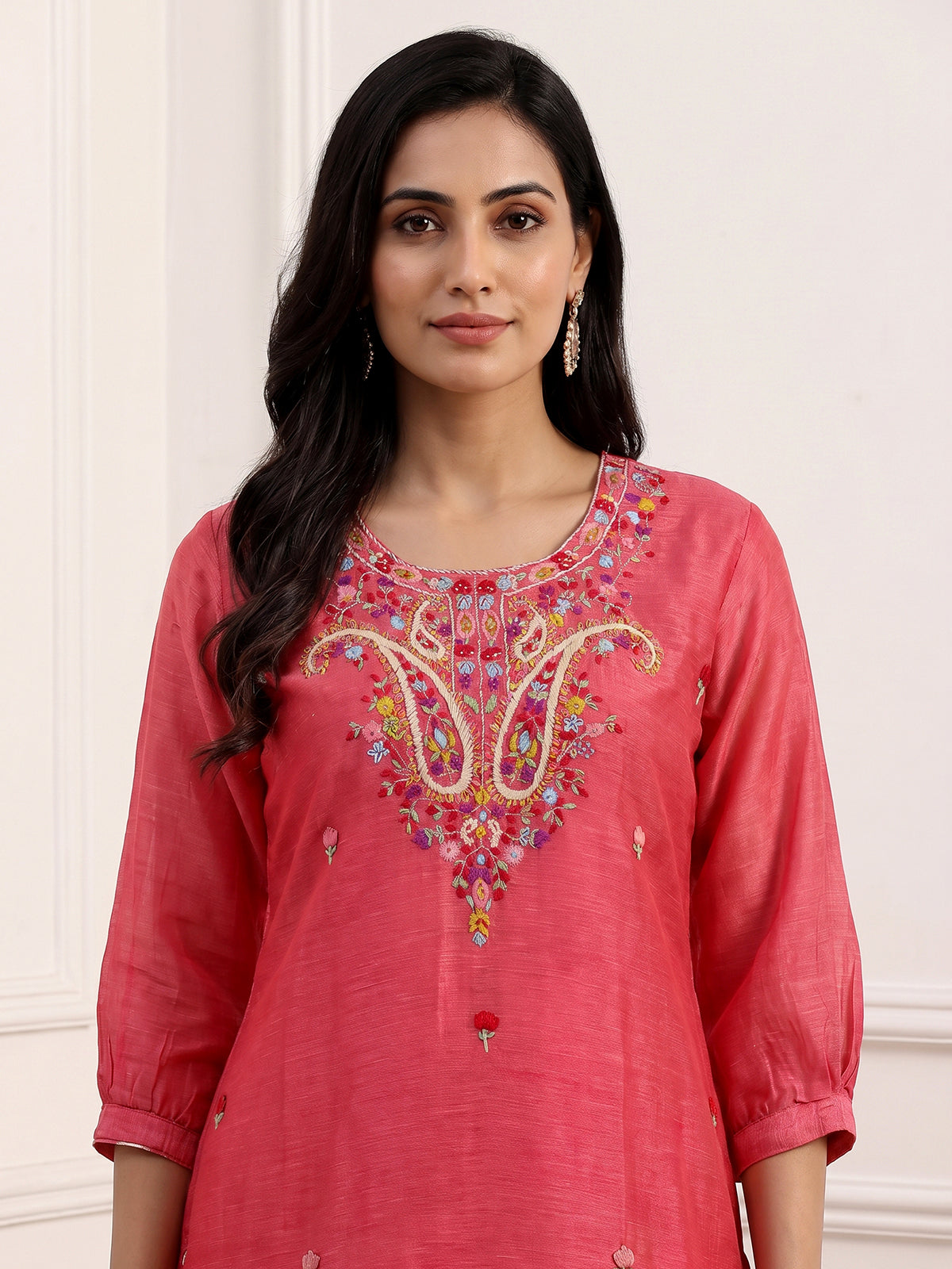 Pink linen silk festive kurti set with sequined printed dupatta