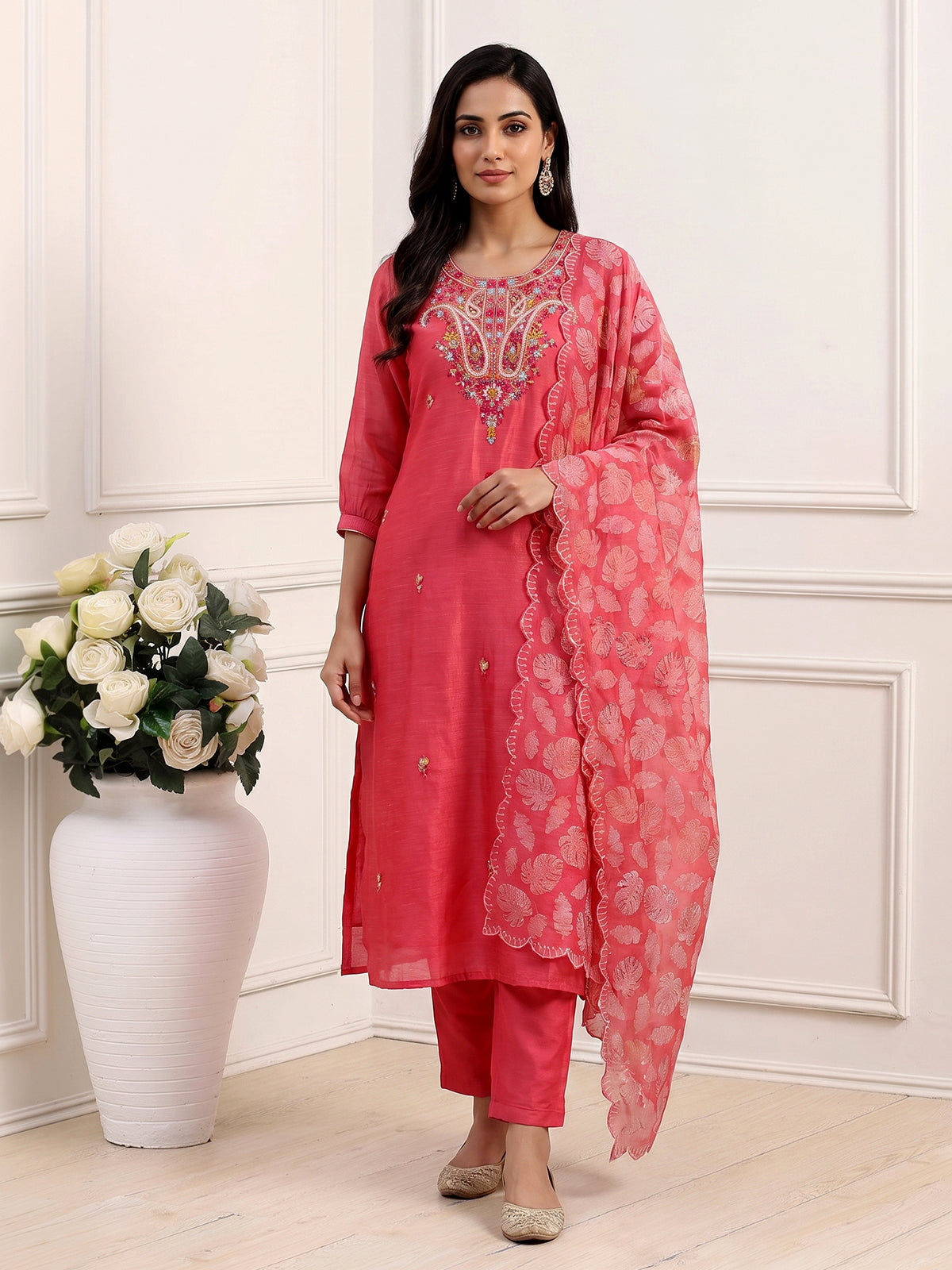Pink linen silk festive kurti set with sequined printed dupatta
