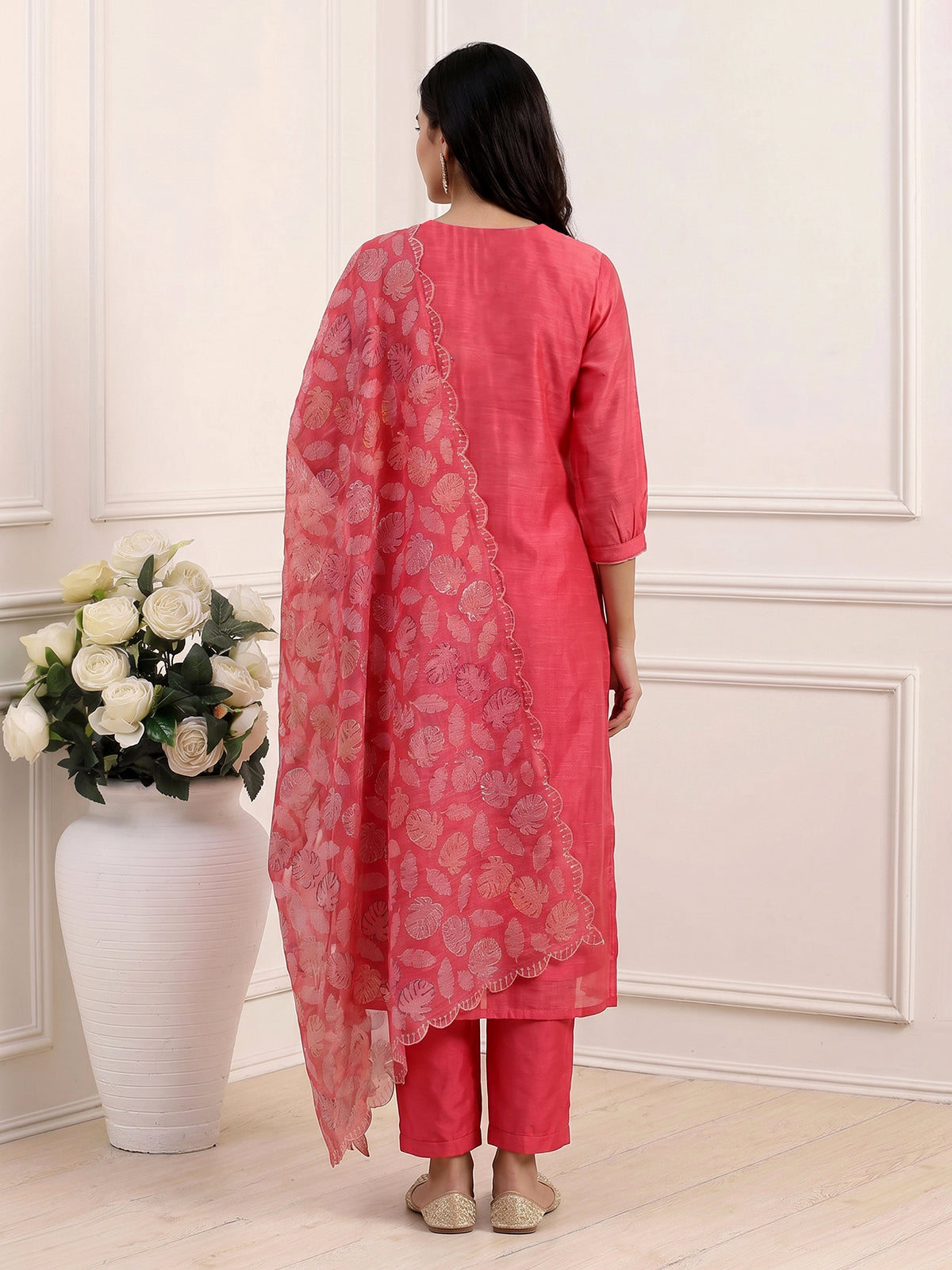 Pink linen silk festive kurti set with sequined printed dupatta