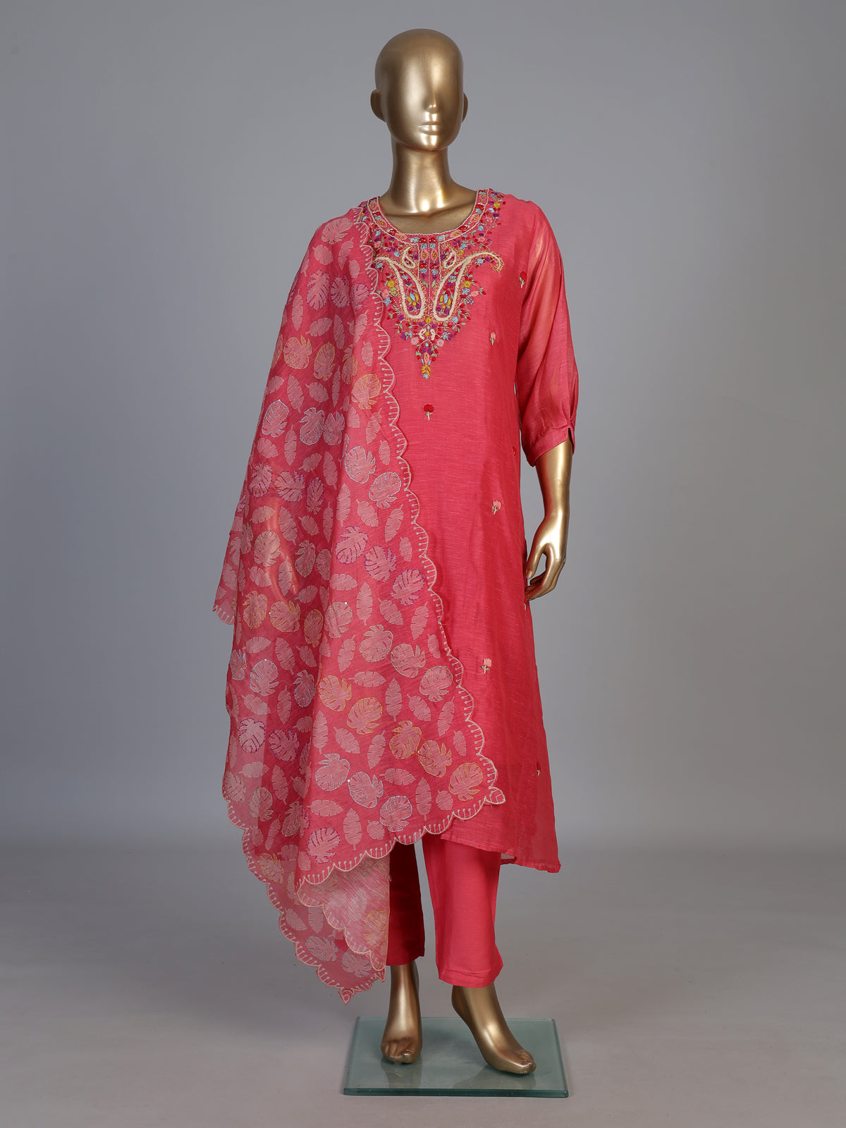 Pink linen silk festive kurti set with sequined printed dupatta