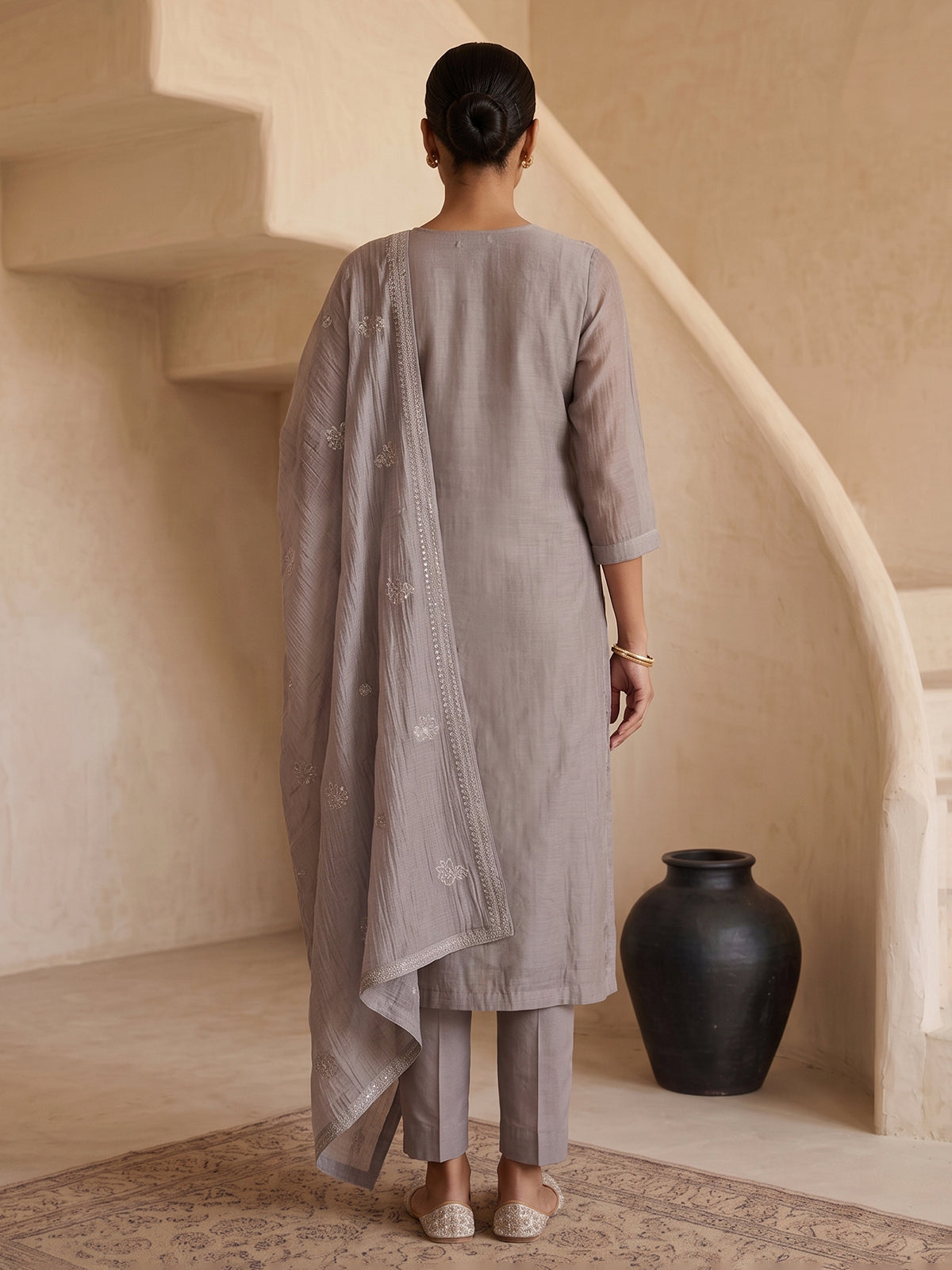 Grey tissue embroidered kurti set with elegant pants and dupatta