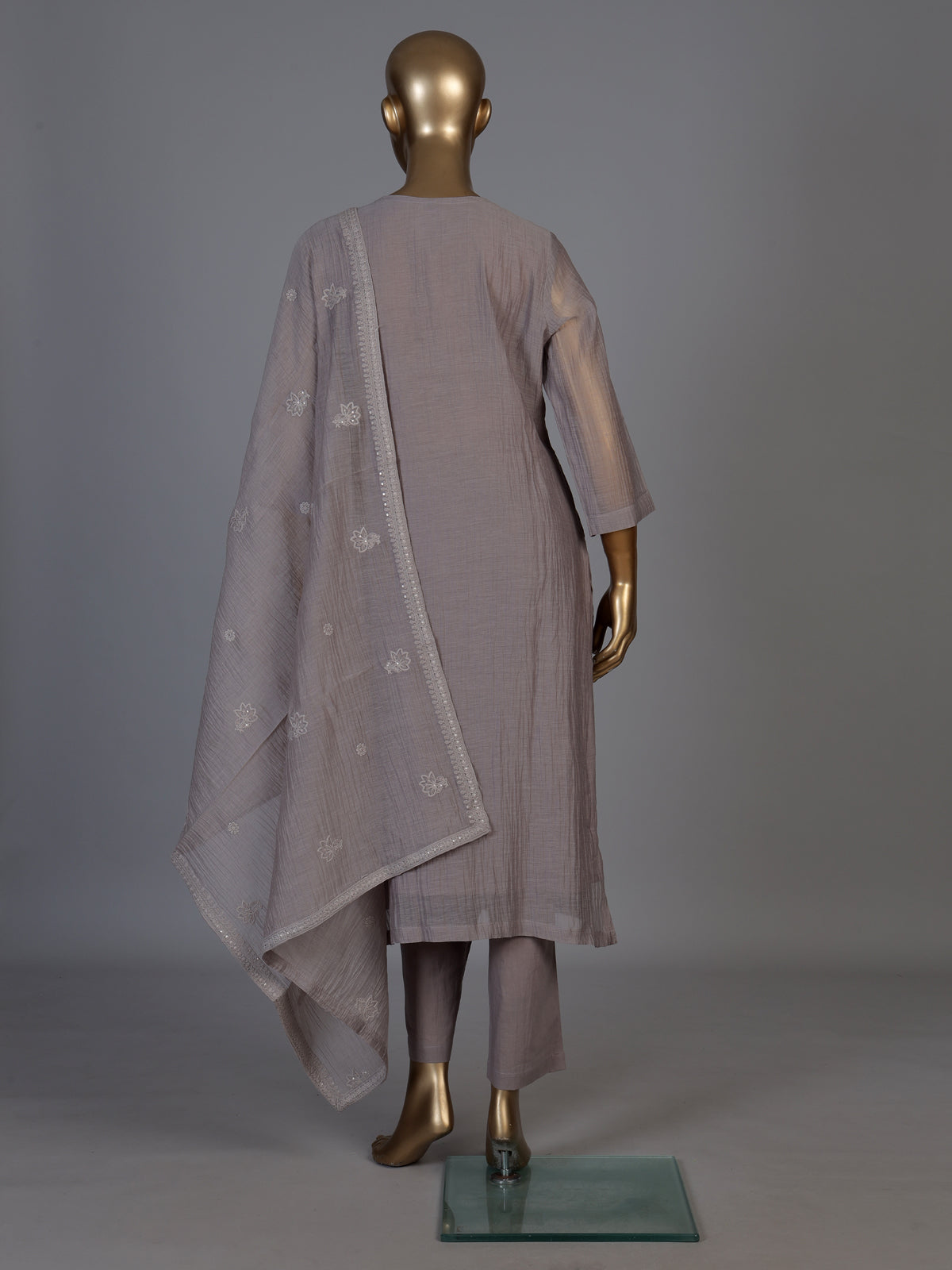 Grey tissue embroidered kurti set with elegant pants and dupatta
