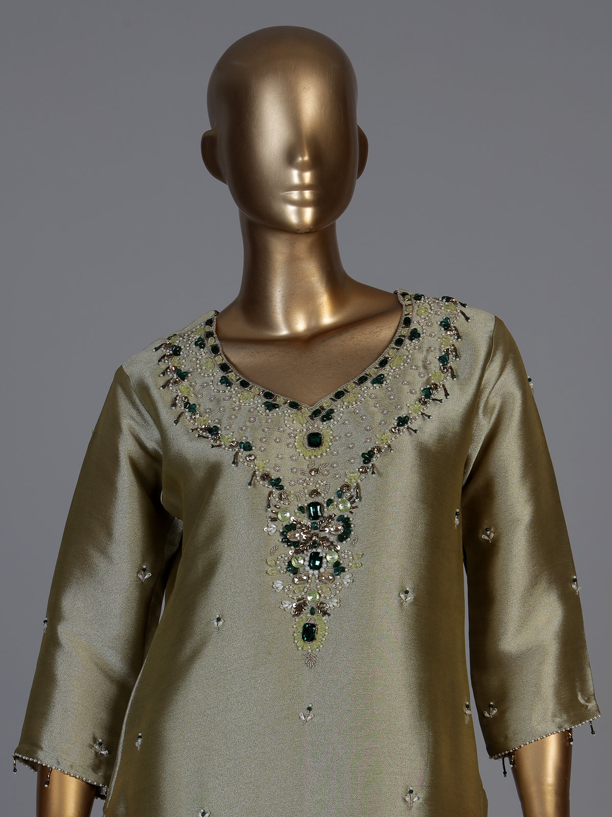 Pista green silk embellished palazzo set with zari dupatta