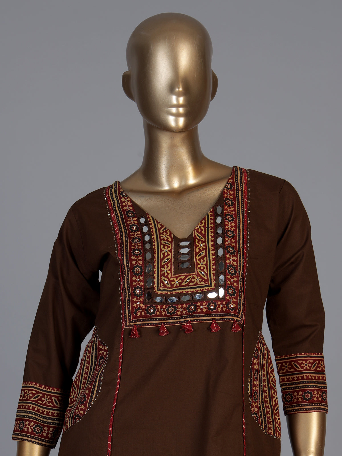 Brown cotton printed palazzo set with mirror detailing