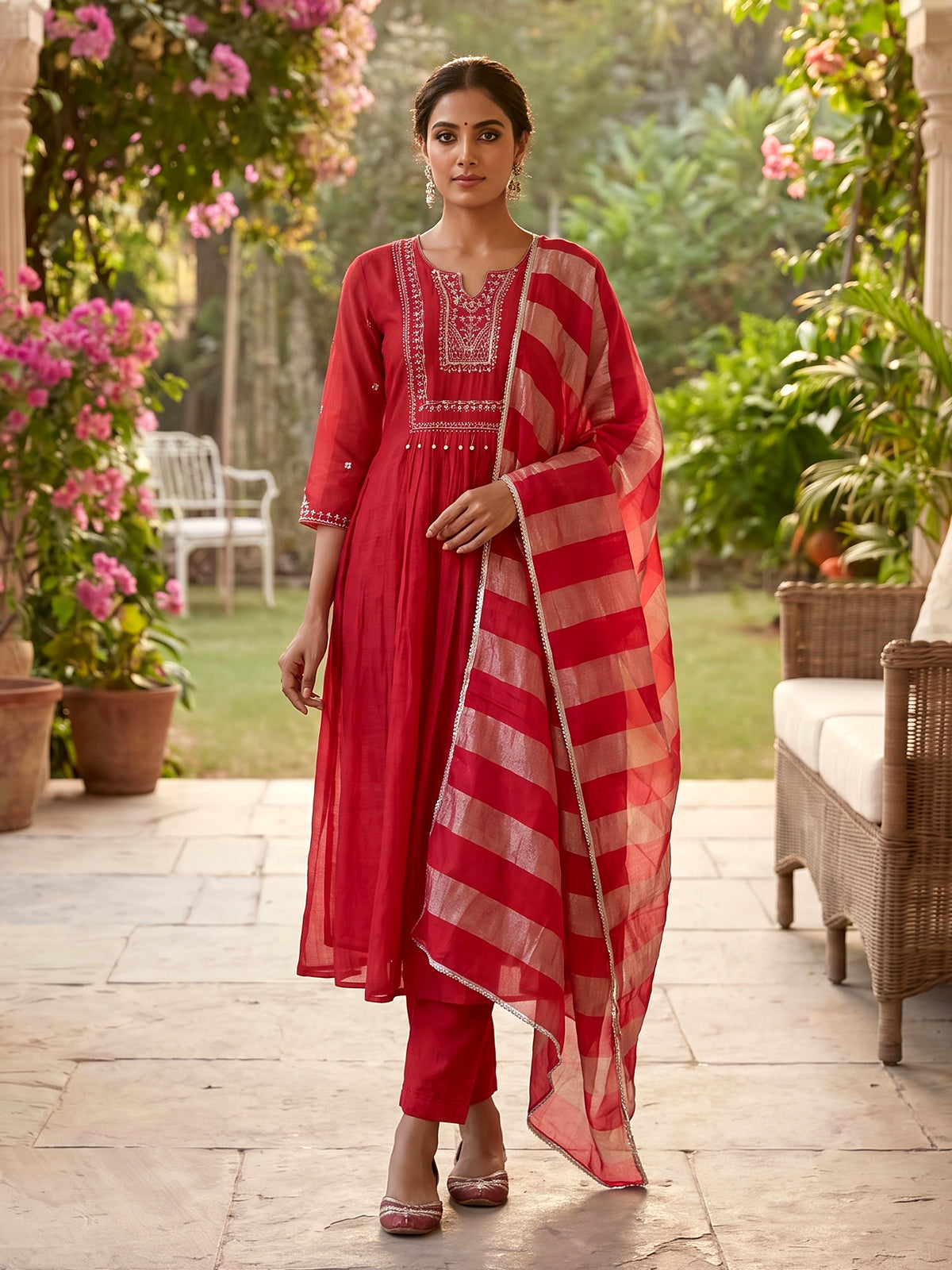 Rani pink tissue yoke kurti set with festive embellishments
