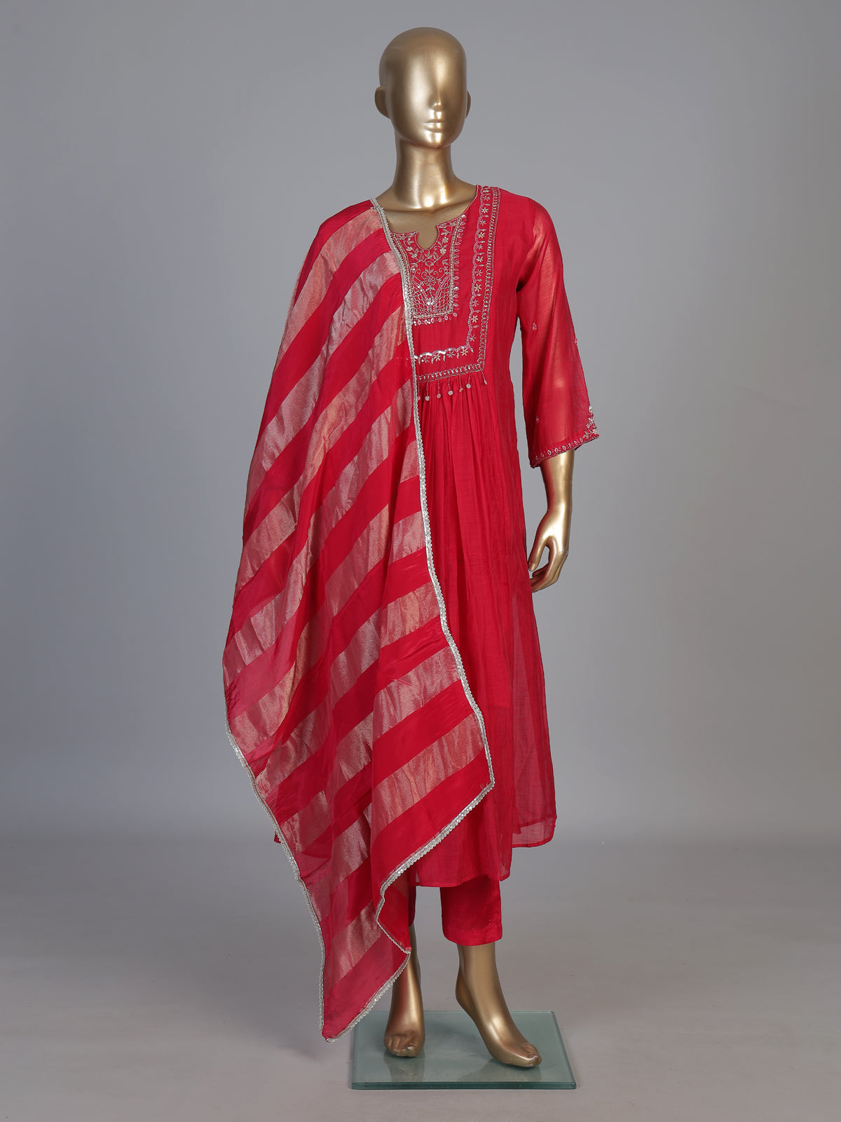 Rani pink tissue yoke kurti set with festive embellishments